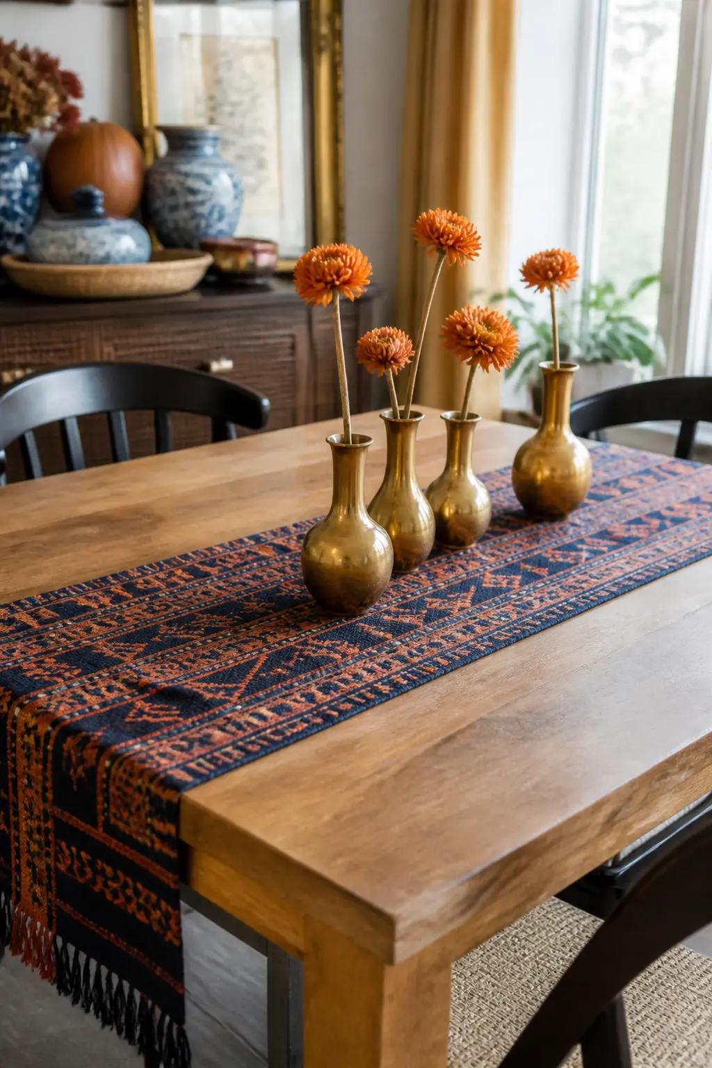 Orange and Navy Woven Table Runner with Brass Accents — A woven table runner in a geometric pattern that combines burnt orange and navy works harder than a