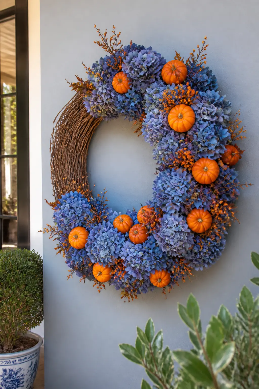 Periwinkle Hydrangea Twig Wreath — A twig base, thinner and more graphic than grapevine, lets individual flowers read clearly without looking crowded. Blue and