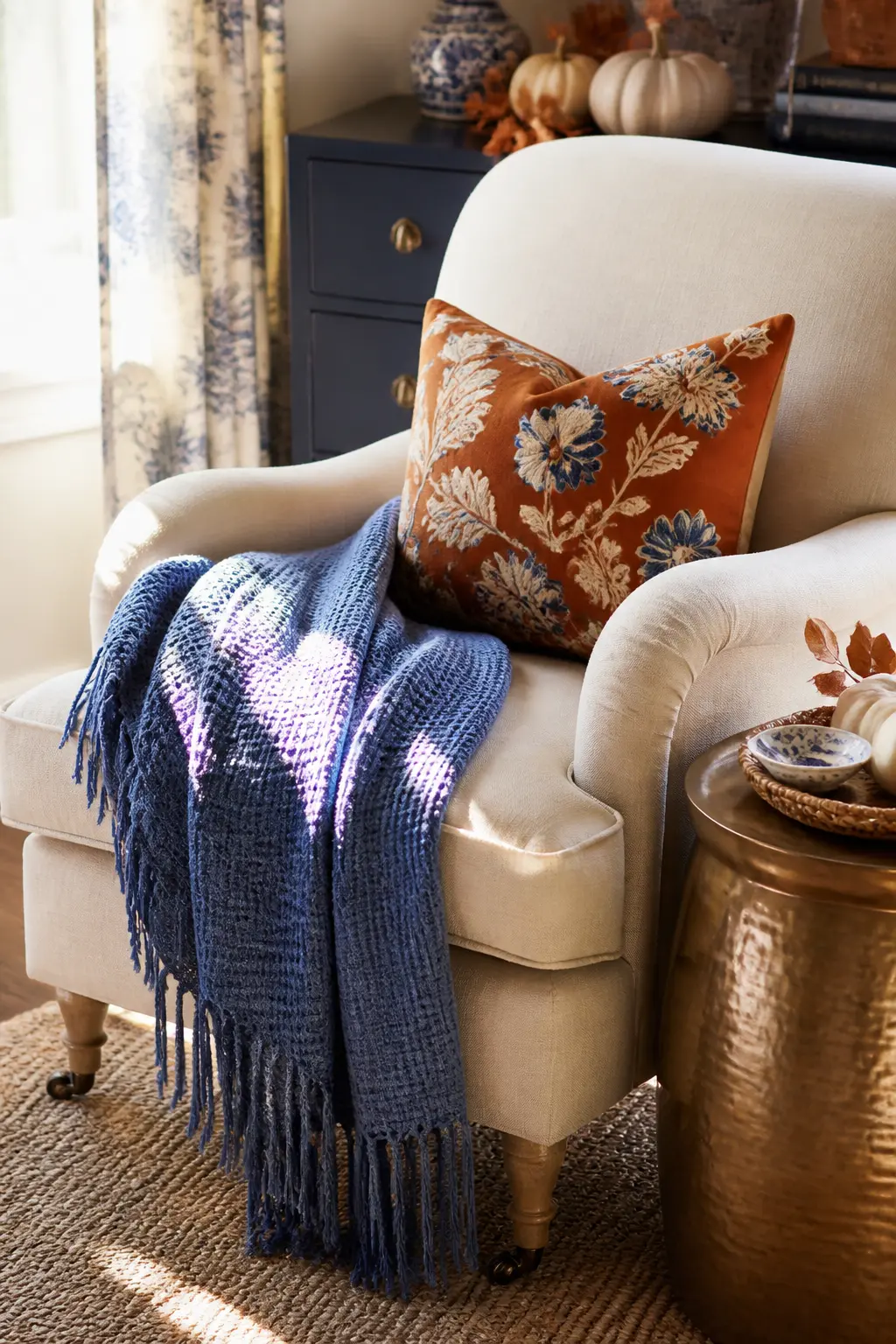 Periwinkle Throw with Orange Embroidered Cushion — Periwinkle is the quieter option in the blue family, closer to lavender, and it softens the orange pairing
