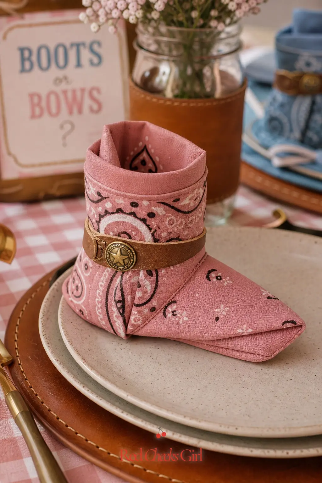 Bandana Napkins Folded As Boots — Fold a square bandana napkin, alternating dusty rose and sky blue, into a simple boot silhouette at each place setting