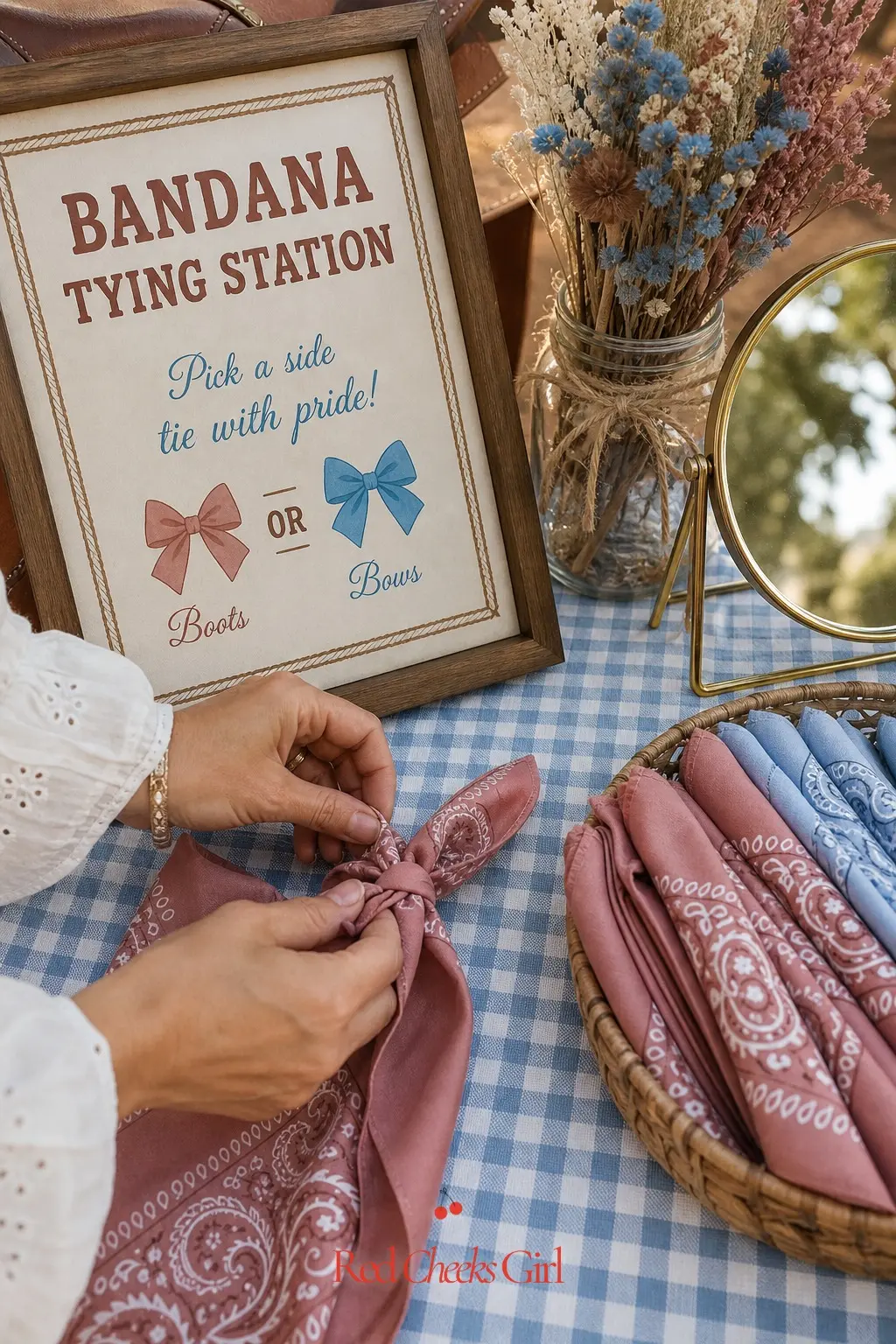 A Bandana Tying Station — A small table near the entrance holds a basket of folded bandanas, half dusty rose and half sky blue, so guests can pick a side and