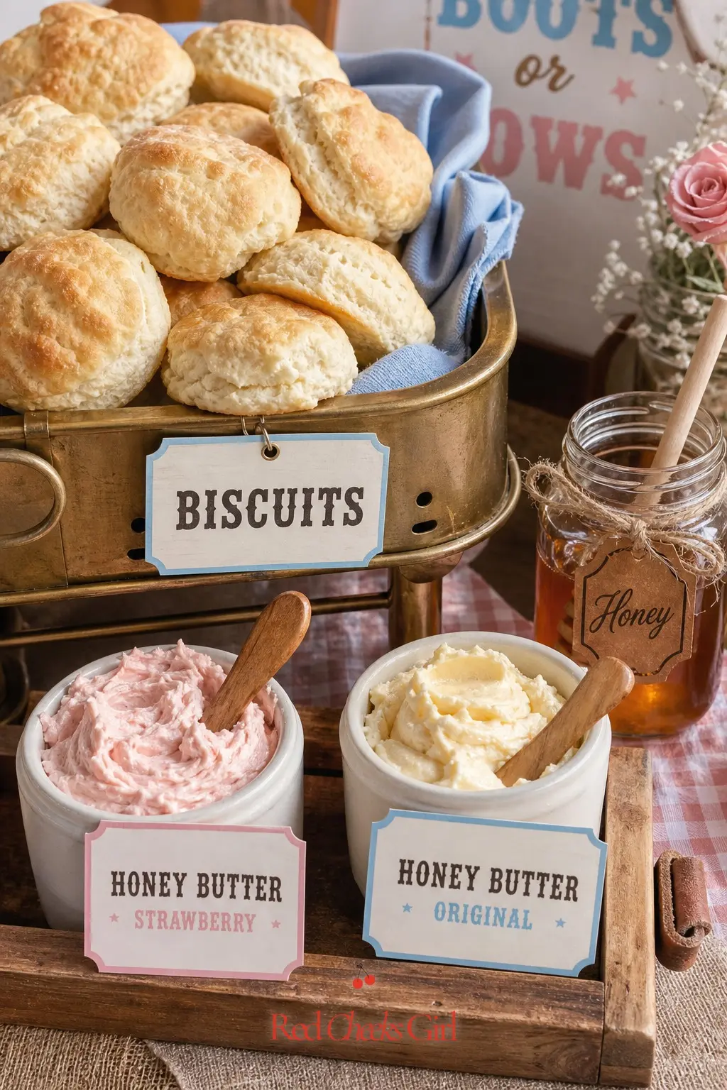 A Biscuit And Honey Butter Bar — A warming tray of split buttermilk biscuits sits next to small crocks of honey butter, one tinted with a touch of beet juice