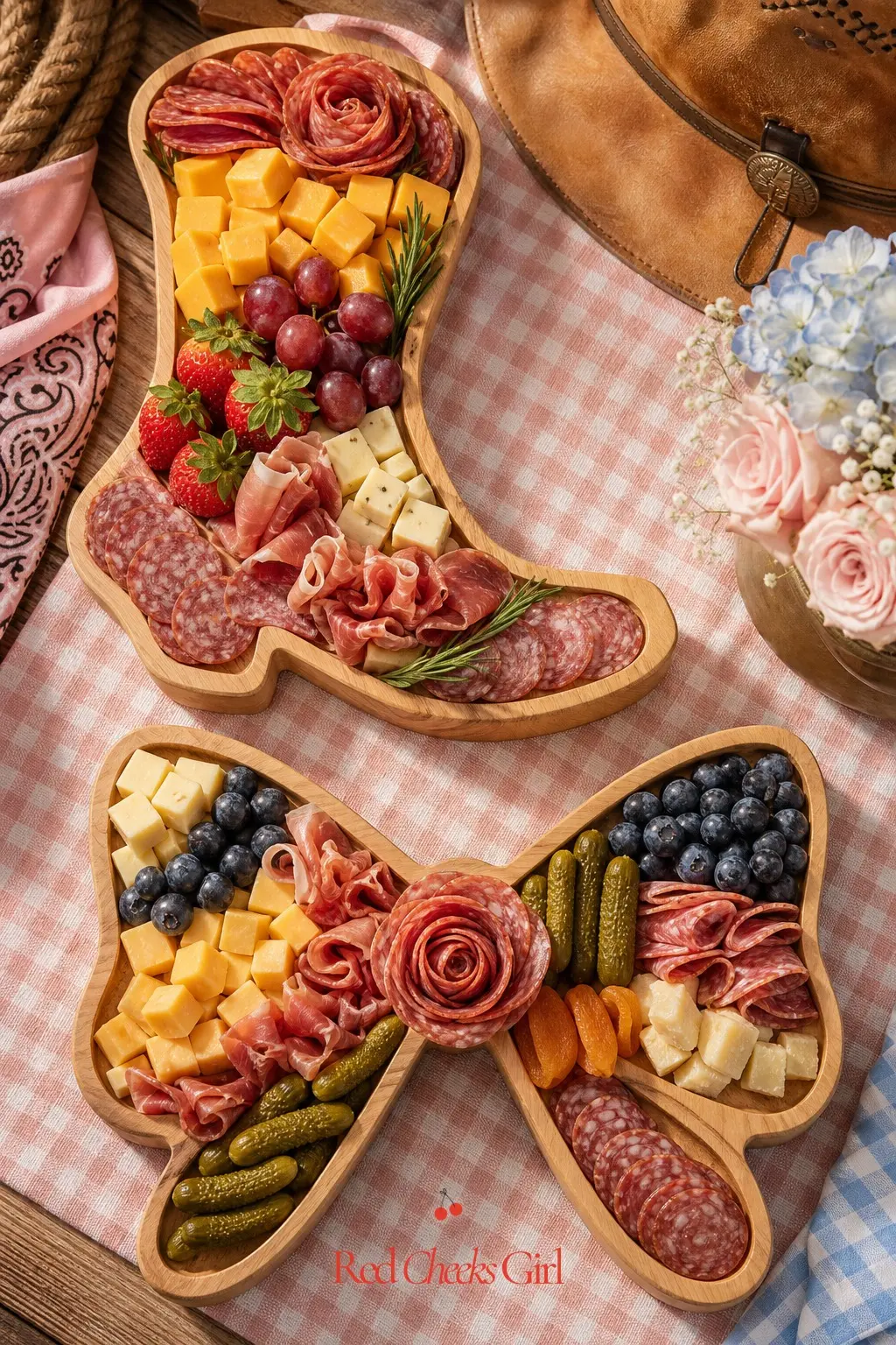 A Boot And Bow Charcuterie Board — Two long wooden boards sit side by side, one cut into a rough boot silhouette and one into a bow silhouette, each laid with