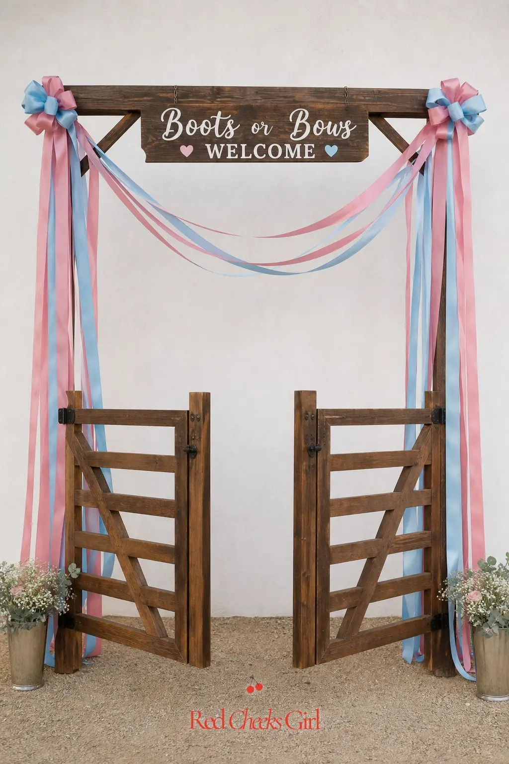 A Cattle Gate Welcome Arch — A folding wooden cattle gate, the kind sold cheaply at farm supply stores, stands up as an arch with almost no effort. Boots or