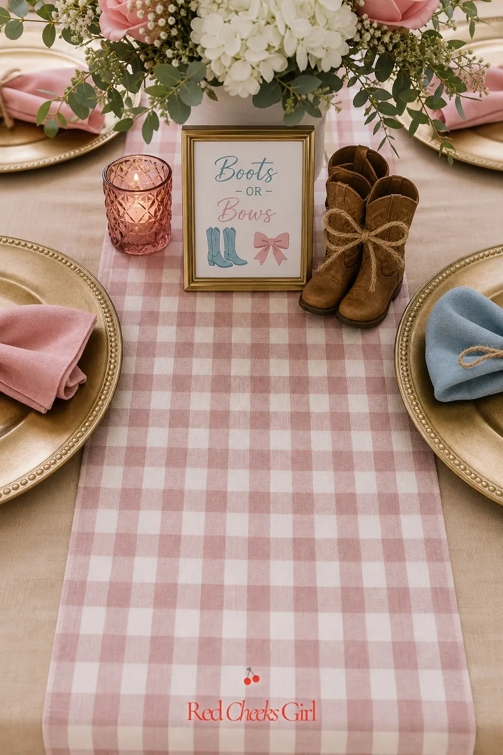 A Dusty Rose Gingham Runner — Lay a gingham runner in dusty rose down the center of a warm tan tablecloth, then set brass chargers at each place. Boots or bows