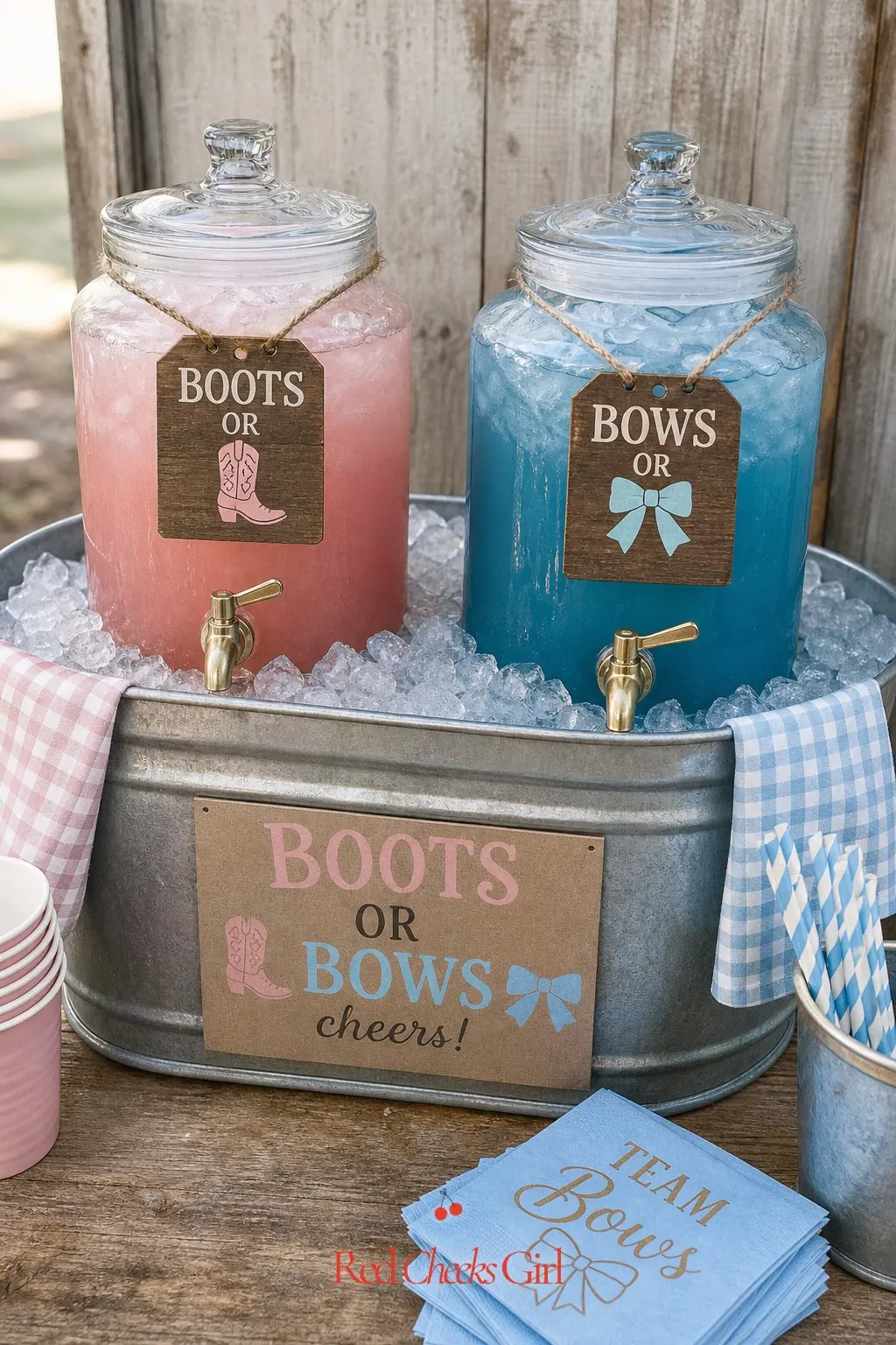 A Feed Trough Drink Bar — A galvanized feed trough, lined and filled with ice, holds bottled drinks and two glass dispensers side by side, one of hibiscus