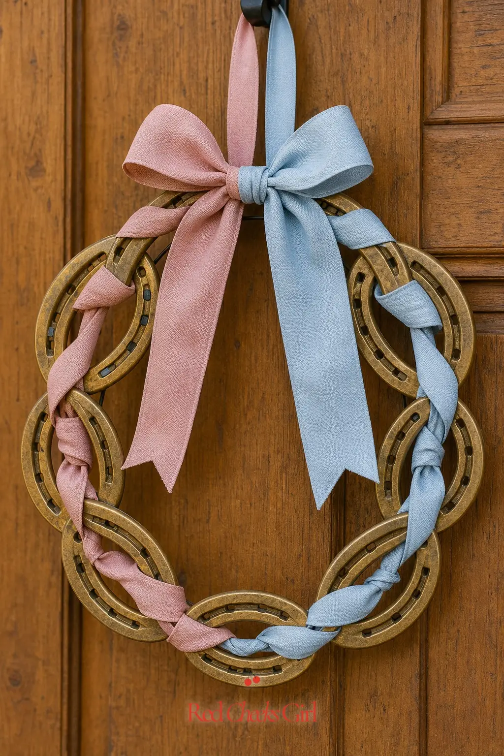 A Horseshoe And Ribbon Door Wreath — Skip the floral hoop wreath and build one from a dozen small horseshoes wired into a circle, brass side out. Boots or bows