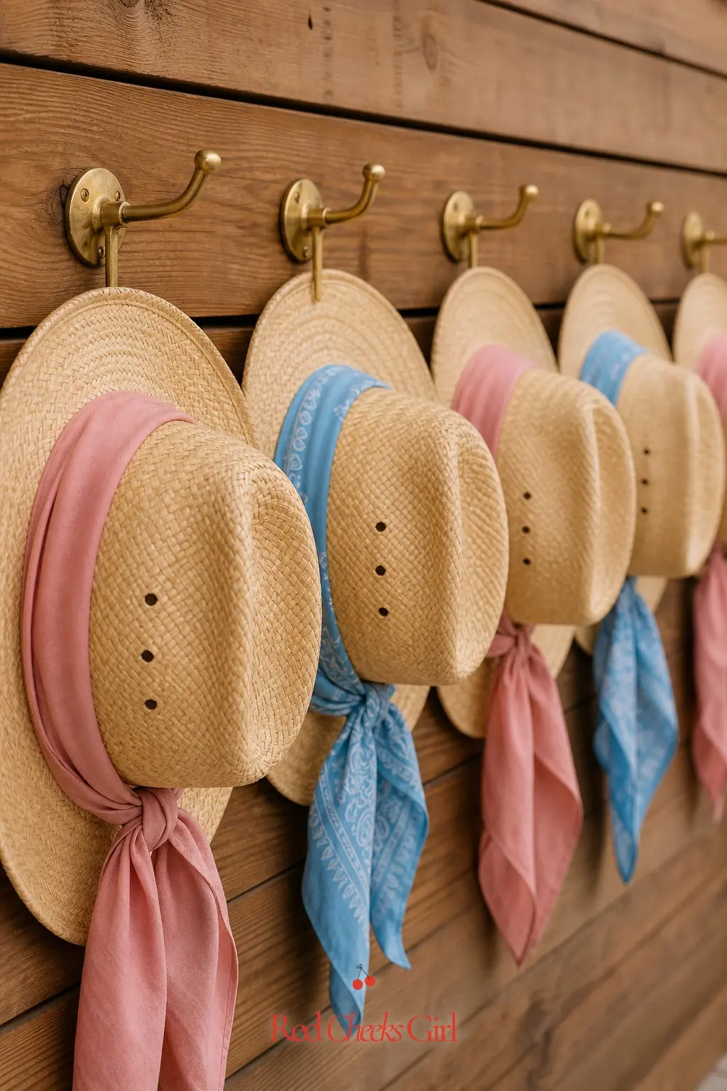 A Hung Hat Wall — Mount a row of pegs on a plain board and hang a line of straw cowboy hats from them, alternating a dusty rose silk band on one hat with a sky
