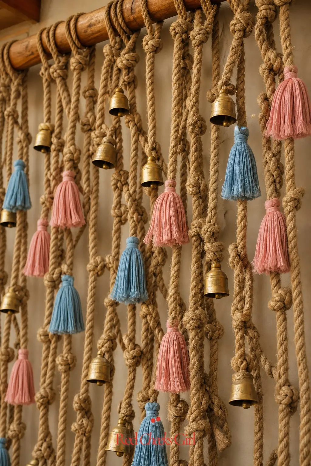 A Knotted Rope Curtain With Brass Bells — Hang a curtain of thick jute rope from a wall-mounted rod, each strand knotted at intervals, and thread small brass