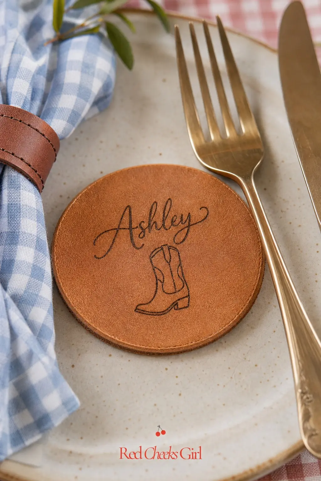 Leather Coaster Place Cards — A small round leather coaster at each setting, wood-burned with either a tiny boot or a tiny bow, doubles as the place card.