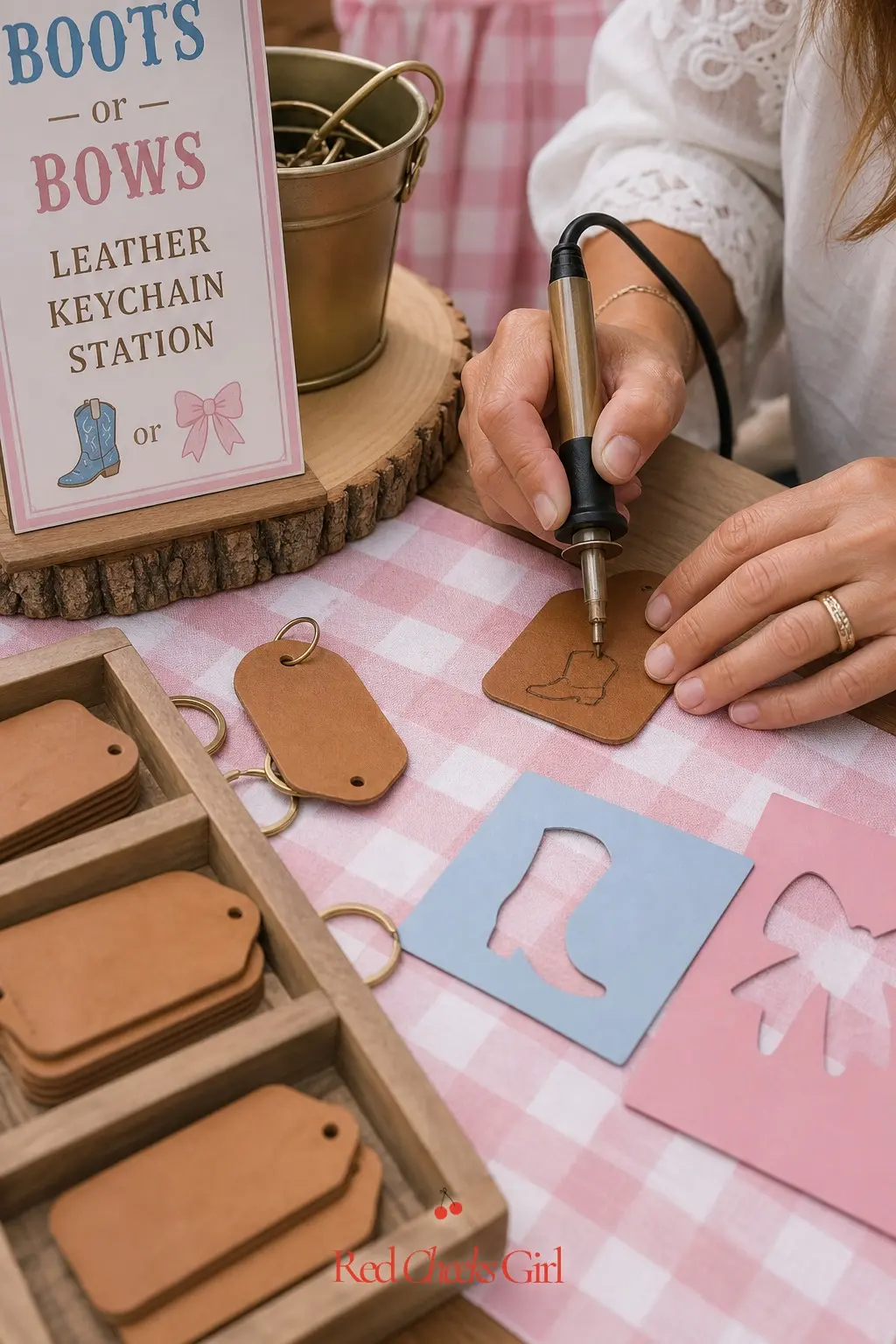 A Leather Keychain Branding Table — A wood-burning tool, a stack of blank leather keychain blanks, and a couple of simple stencils, a boot and a bow, sit ready