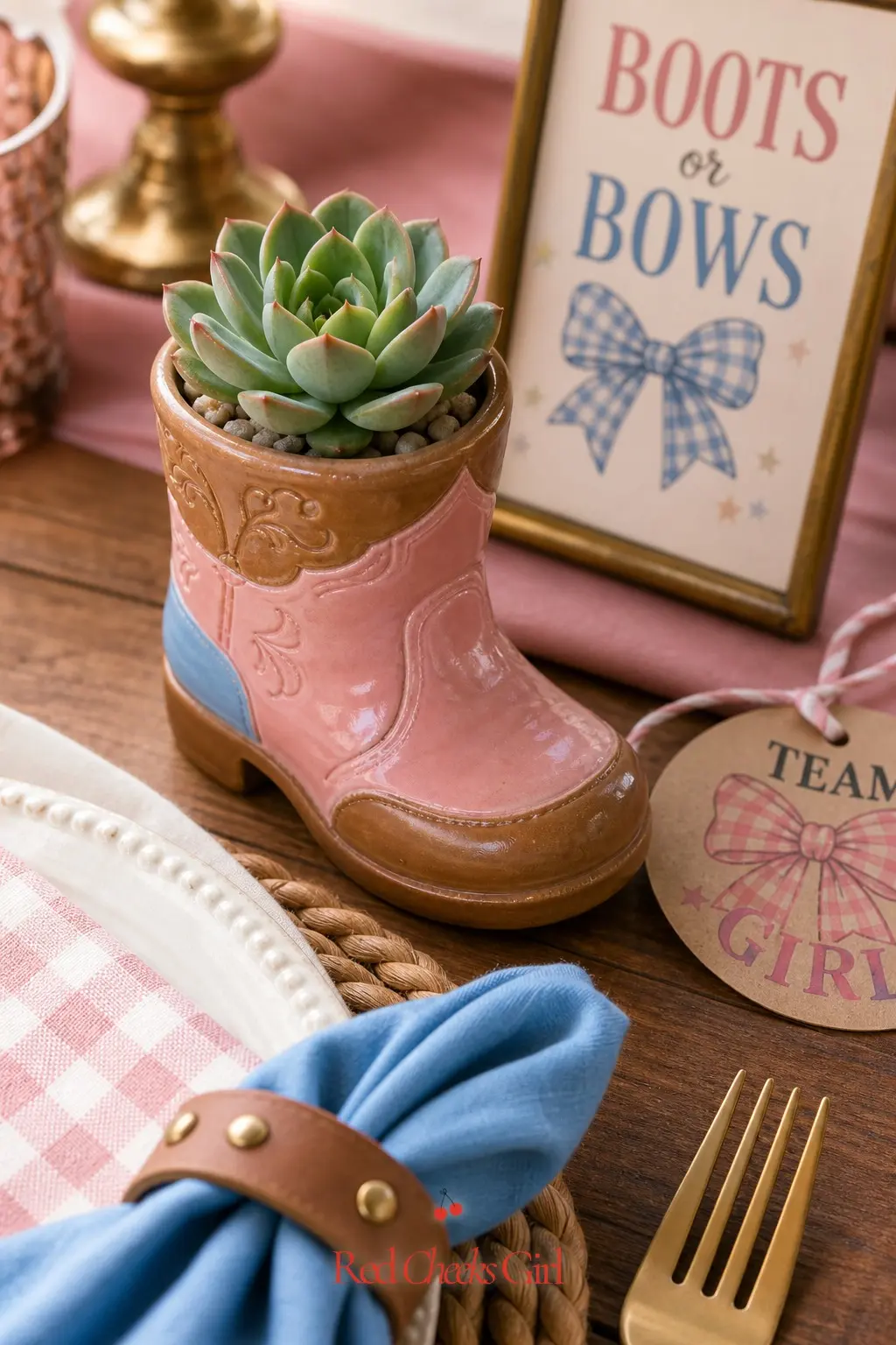 Mini Boot Planter Succulents — A tiny ceramic boot, no larger than a teacup, holds a small succulent and sits at each place setting as both decor and the