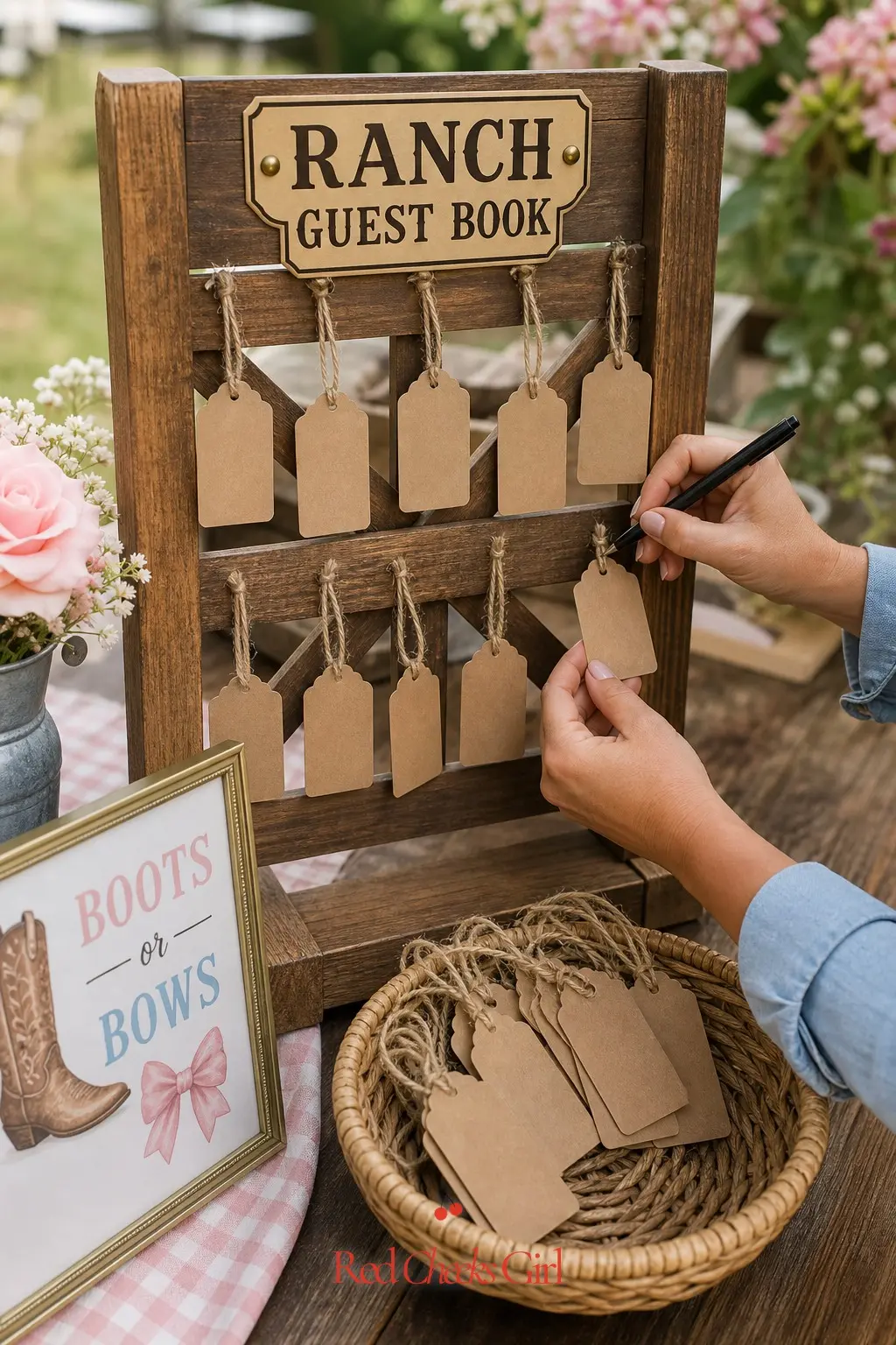A Ranch Gate Guest Book — A small wooden gate panel, propped upright, holds a basket of blank luggage tags and a marker. Boots or bows gender reveal