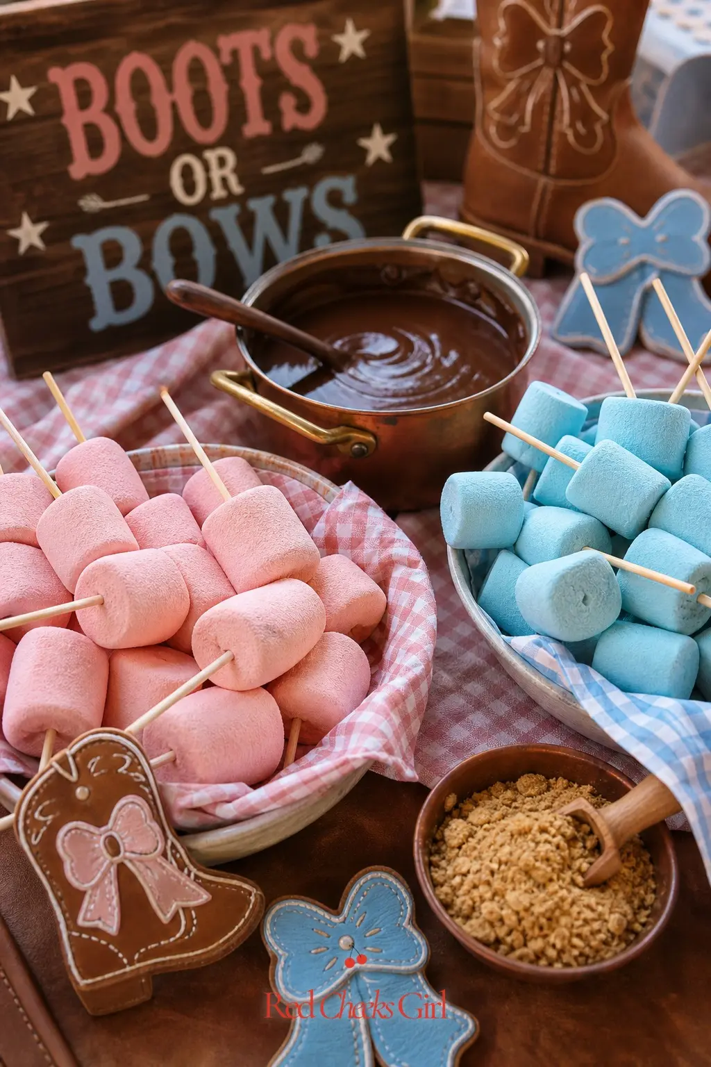 A Rose And Sky Blue Marshmallow Bar — A small tabletop fire bowl or a single hot plate holds a pot of melted chocolate for dipping, flanked by bowls of dusty