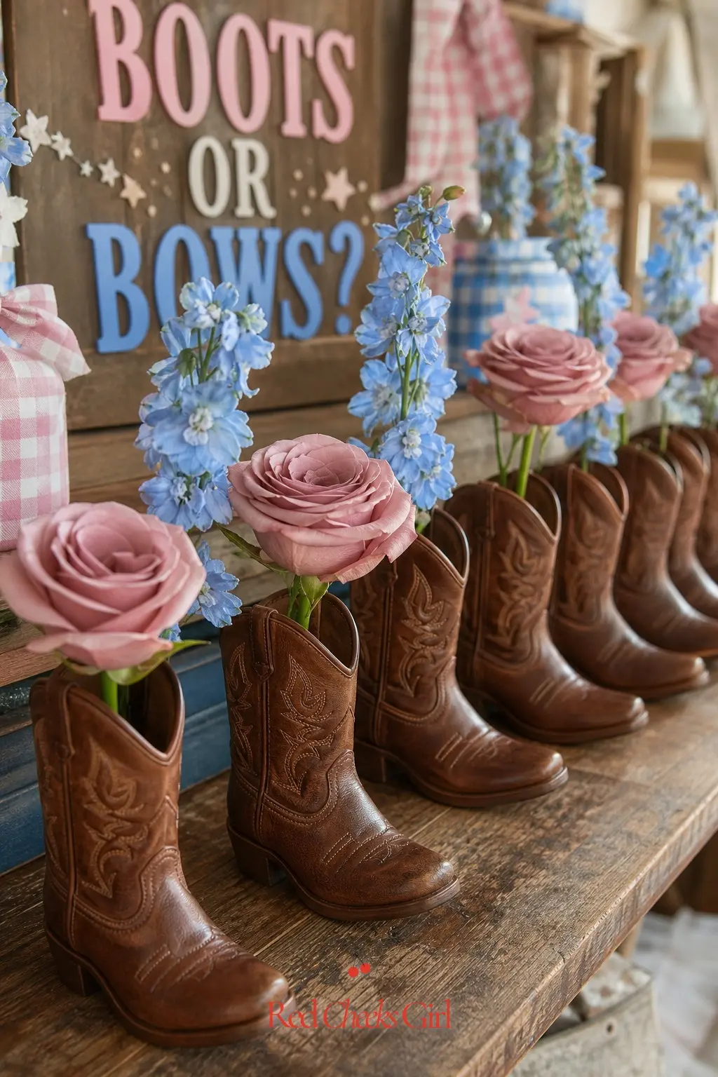A Row Of Boot Bud Vases — Line the length of the table with small leather boots, each one holding a single stem rather than a full bouquet, alternating a pink