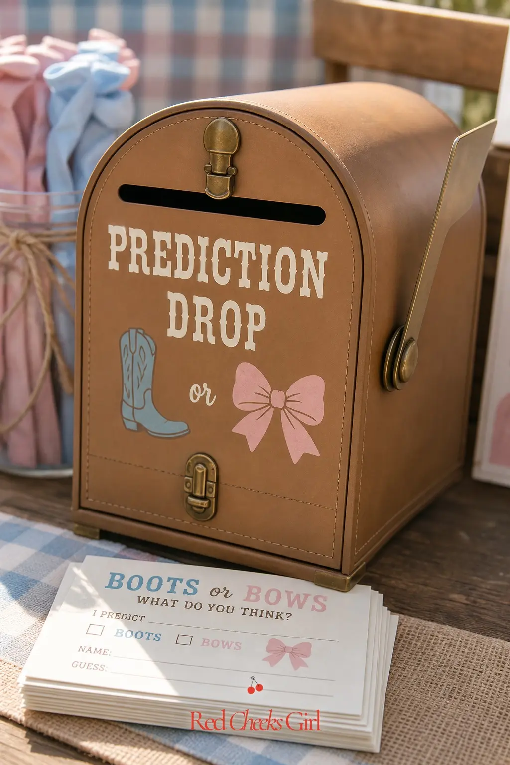 A Saddle Mailbox Prediction Drop — A small tin mailbox, painted saddle tan and stenciled with a simple boot and bow, sits near the entrance with a stack of