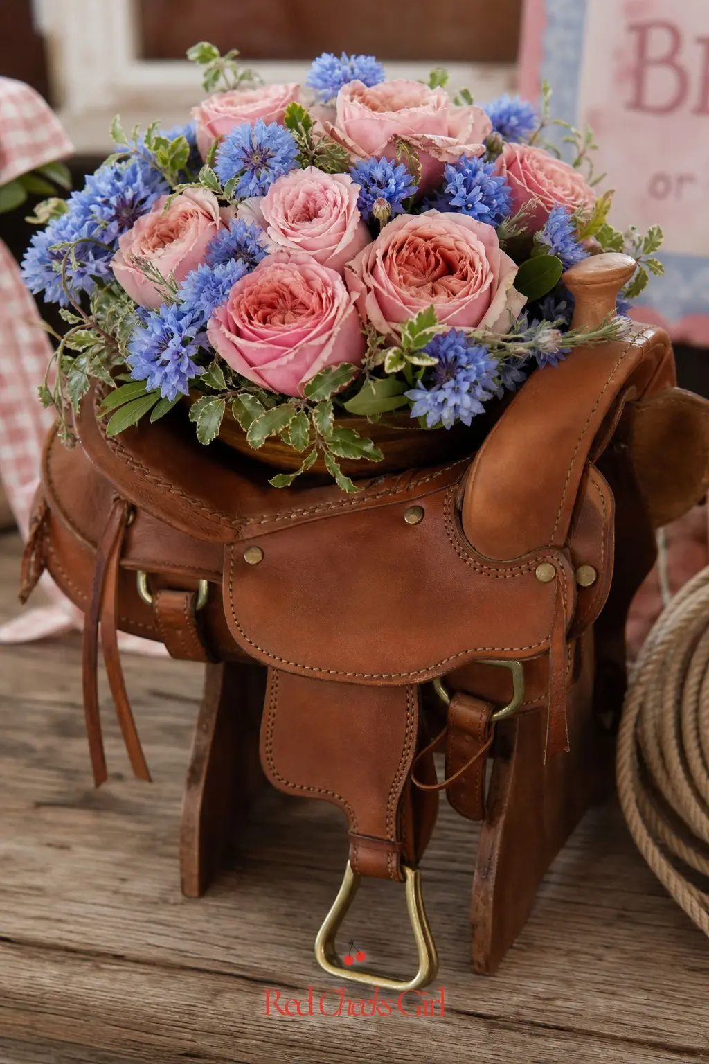 A Saddle Stand Centerpiece — A miniature saddle stand, the kind used for tack room displays, holds a low bowl of garden roses in dusty rose alongside a few
