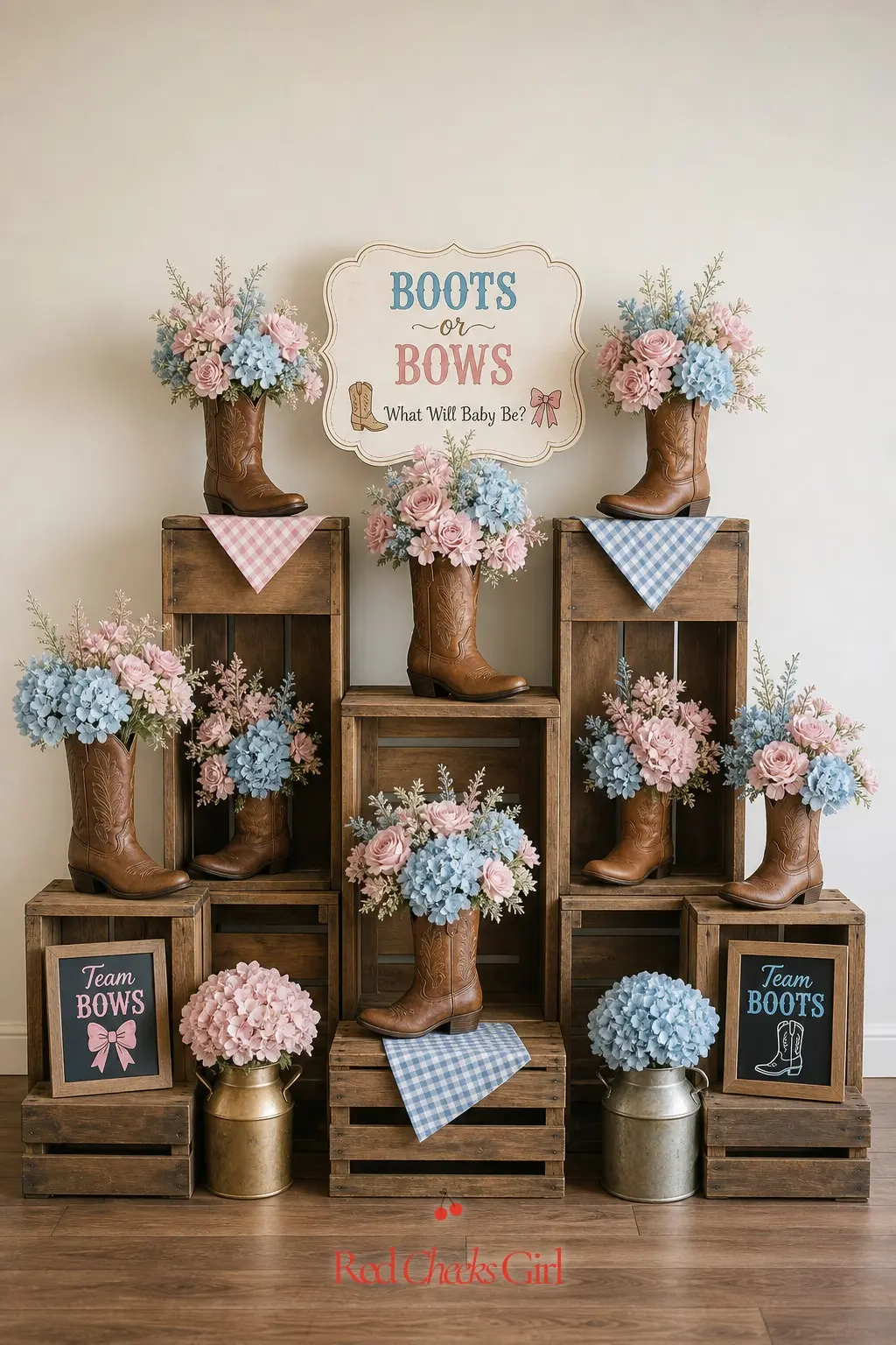 A Stacked Boot Plinth Backdrop — Instead of a flat printed banner, build height with three or four wooden crates stacked at staggered heights, each one topped