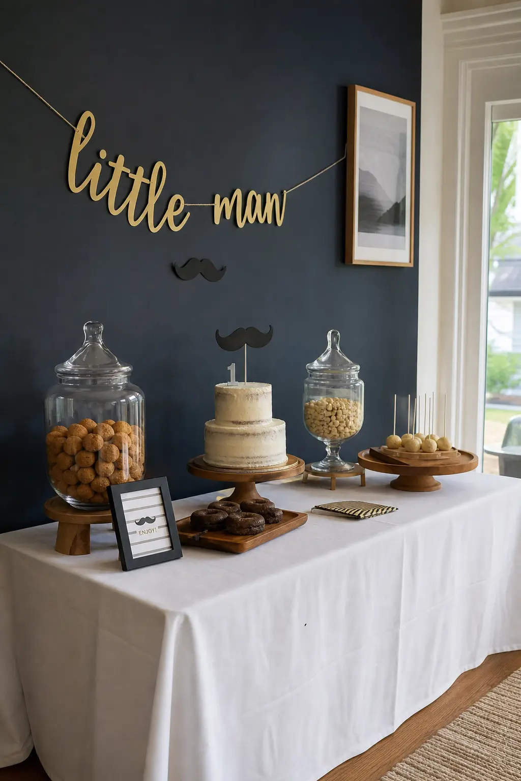 A "Little Man" Dessert Table Styled with Simple, Masculine Colours