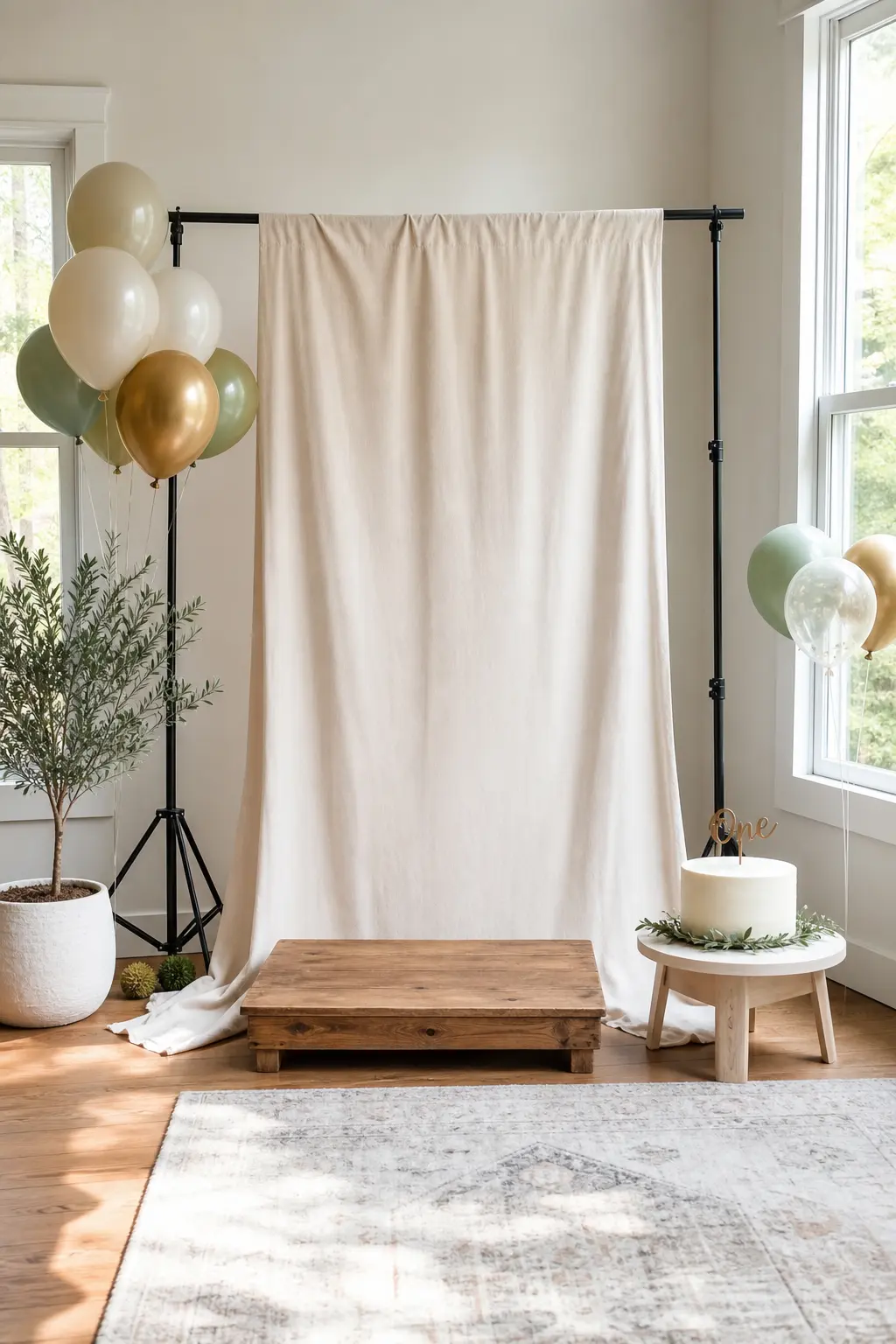 A Smash Cake Setup Styled with a Plain Backdrop