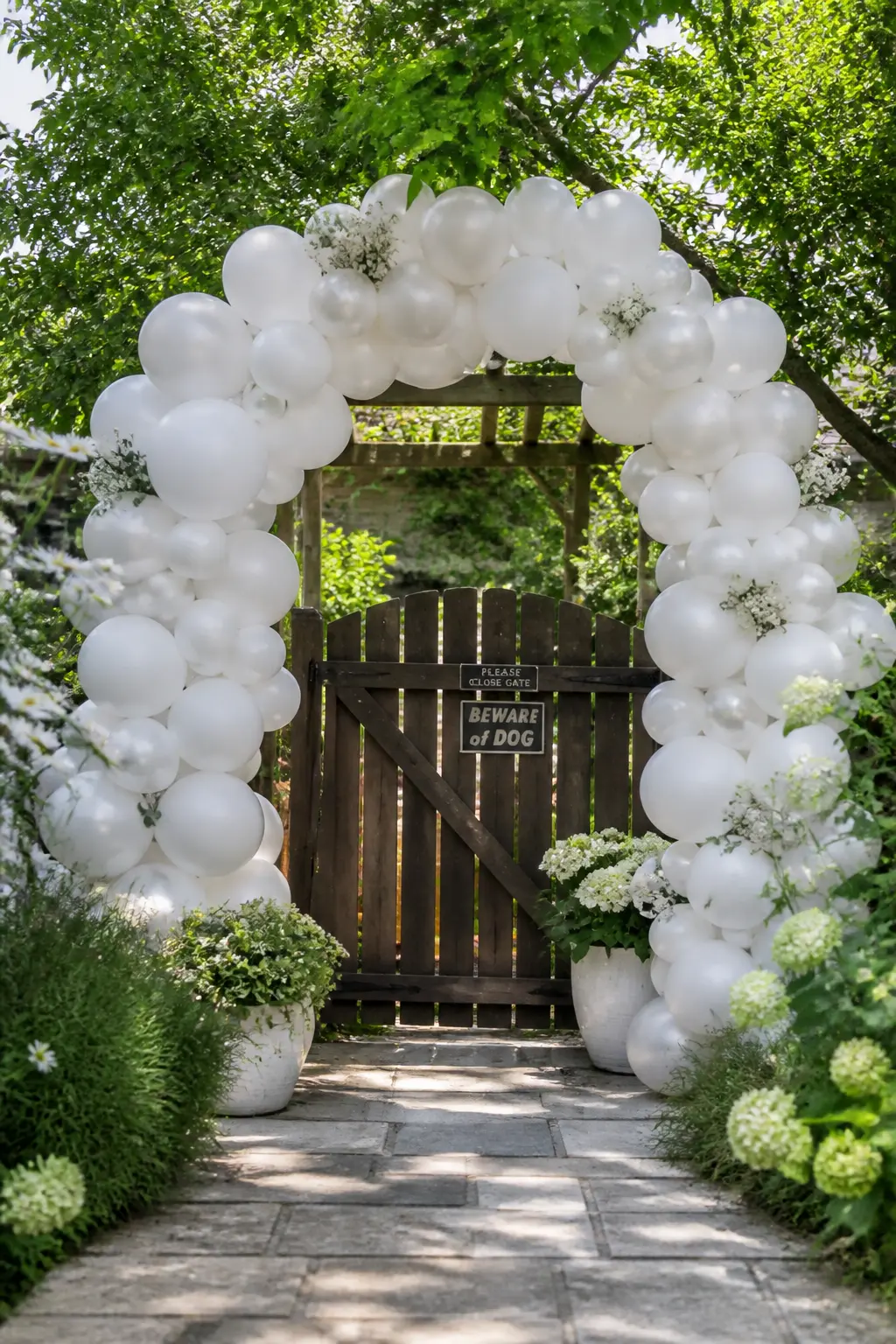 All-White Arch in Three Finishes Over the Garden Gate — A full arch in white spans a garden gate, using matte, glossy and pearl-finish balloons mixed