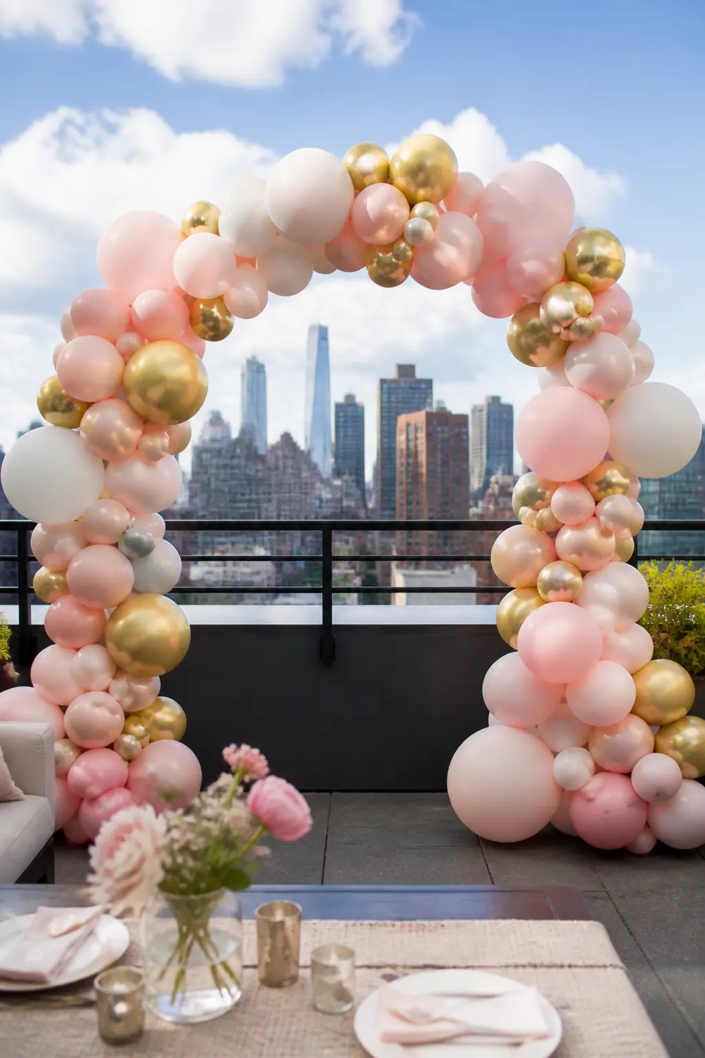 Blush and Gold Arch at a Rooftop Shower — A standing blush and gold arch is positioned near the rooftop railing with the city skyline visible behind it. Bridal