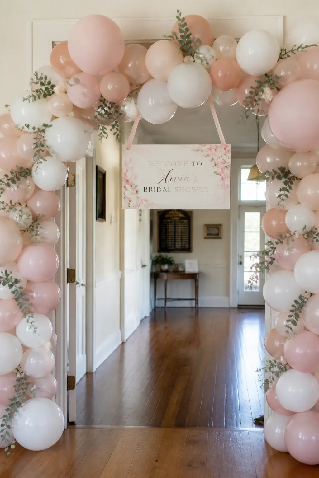 Blush and Ivory Arch at a Village Hall Entrance with a Hanging Sign — A blush and ivory arch spans the interior entrance of a village hall, anchored to the