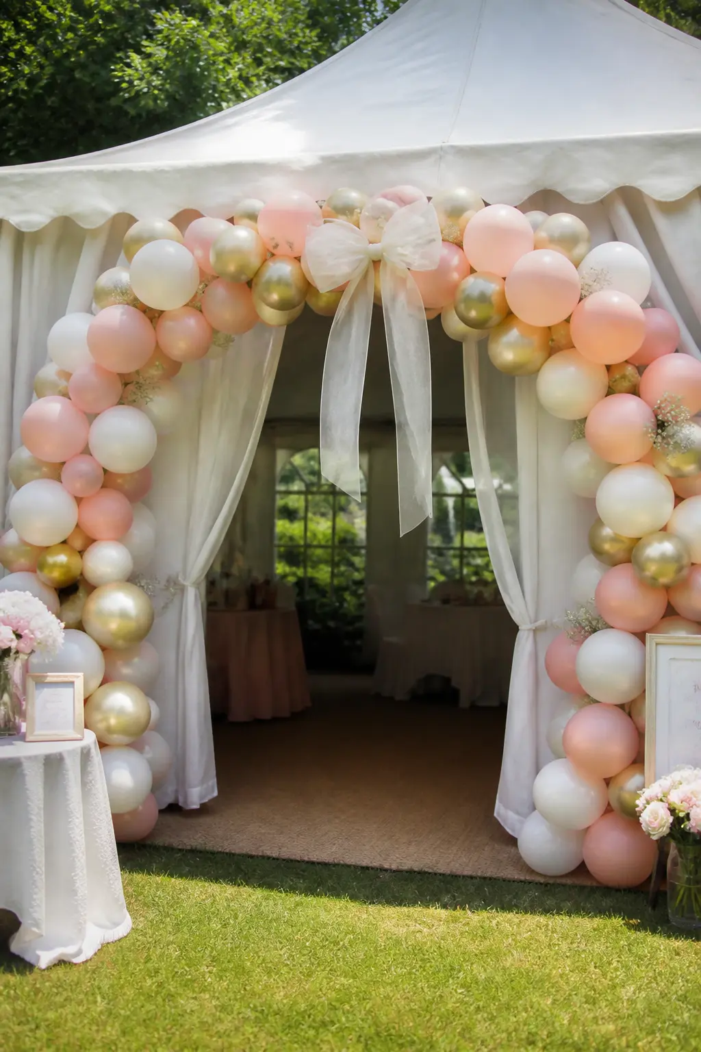 Blush, Ivory and Gold Arch at a Marquee Entrance — Blush, ivory and gold balloons cluster across the top of a marquee entrance, denser in the centre and