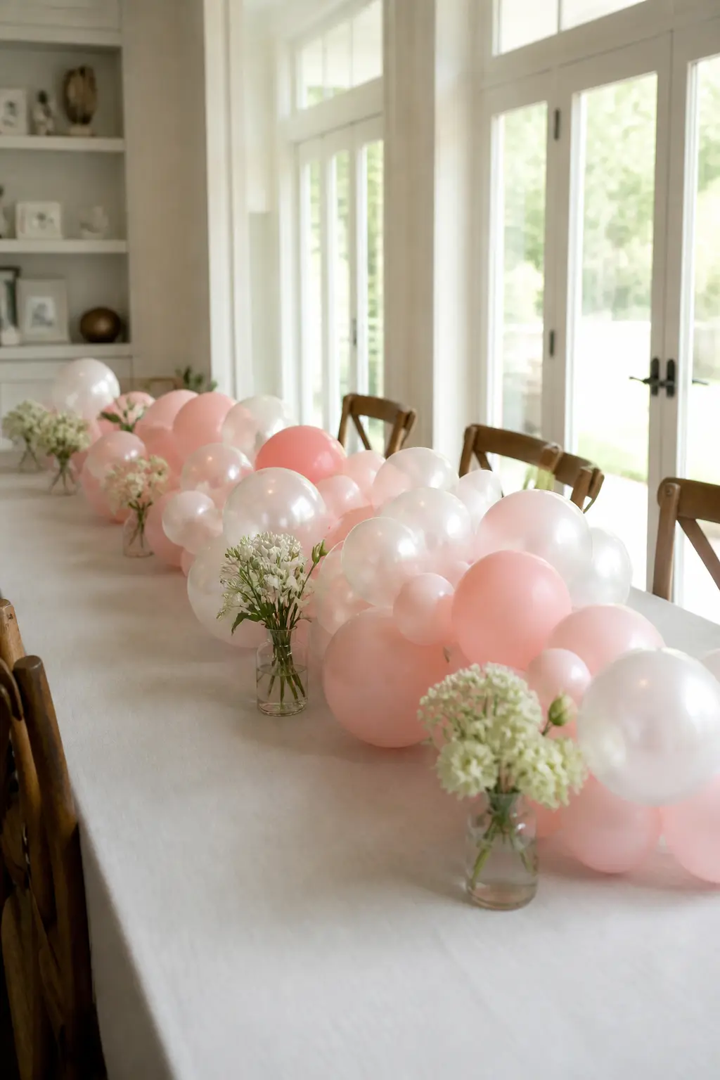 Blush and Pearl Low Garland Down the Long Table — A low balloon garland in blush and pearl runs down the centre of a long dining table, sitting just above the