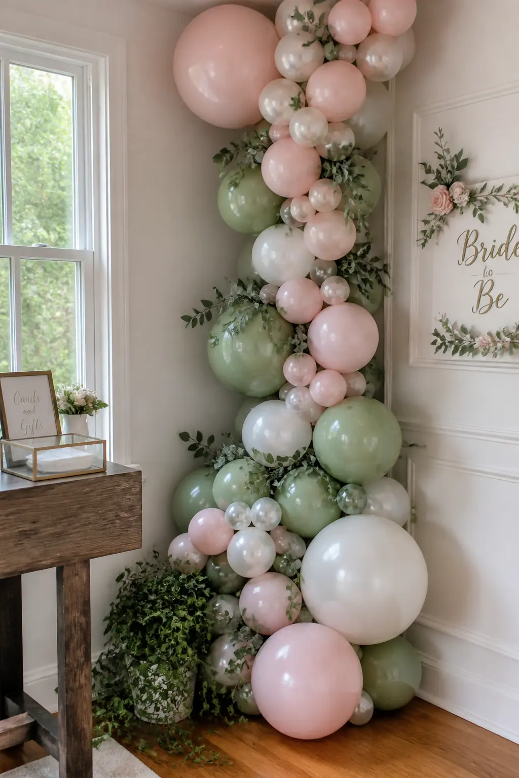 Blush, Sage and Pearl Cascade Down a Corner with Greenery at the Base — Blush, sage and pearl balloons cascade from ceiling to floor in an interior corner, the