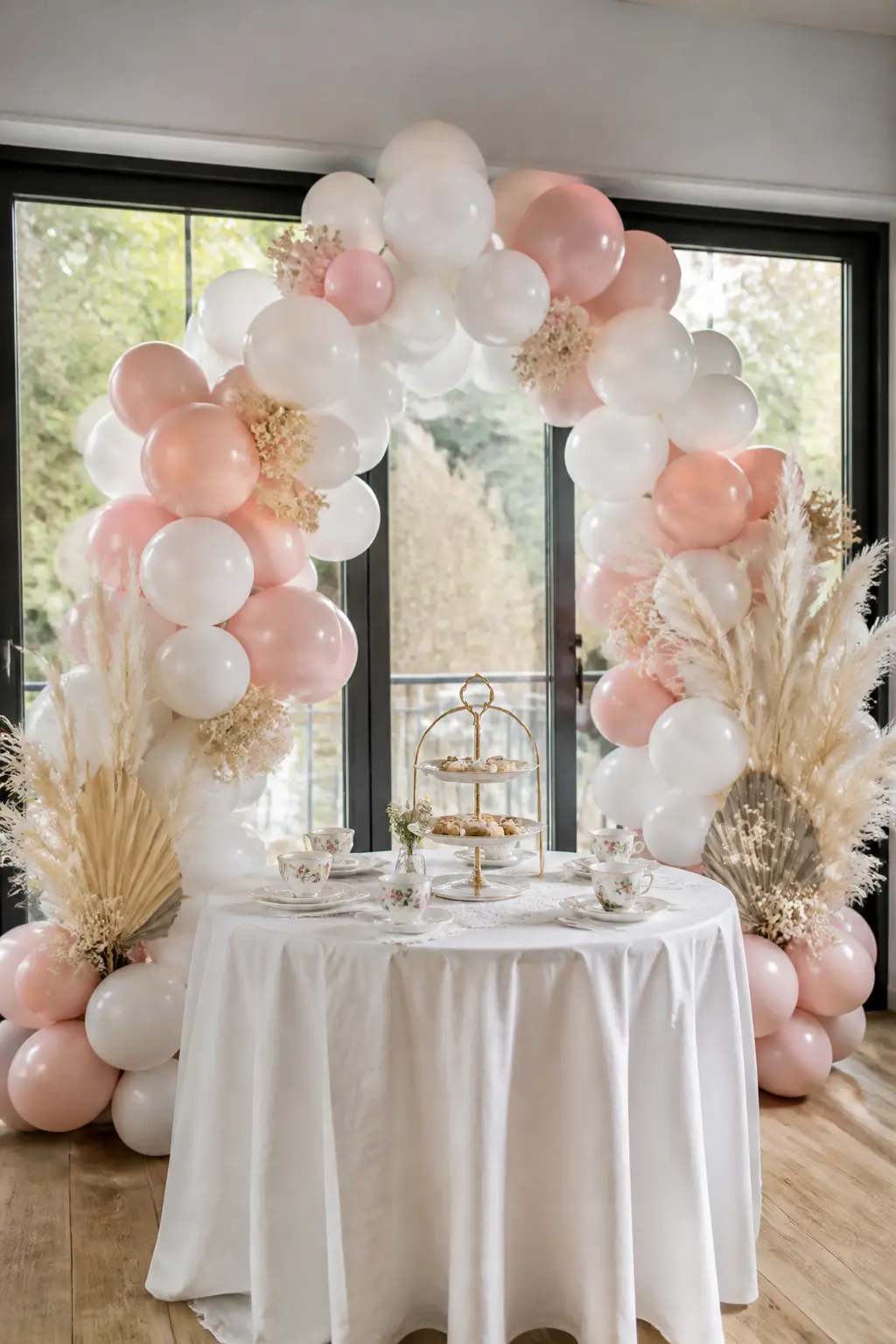 Blush and White Arch Over the Tea Table with Dried Flowers — A blush and white arch frames a tea table set for the shower, its peak sitting about thirty