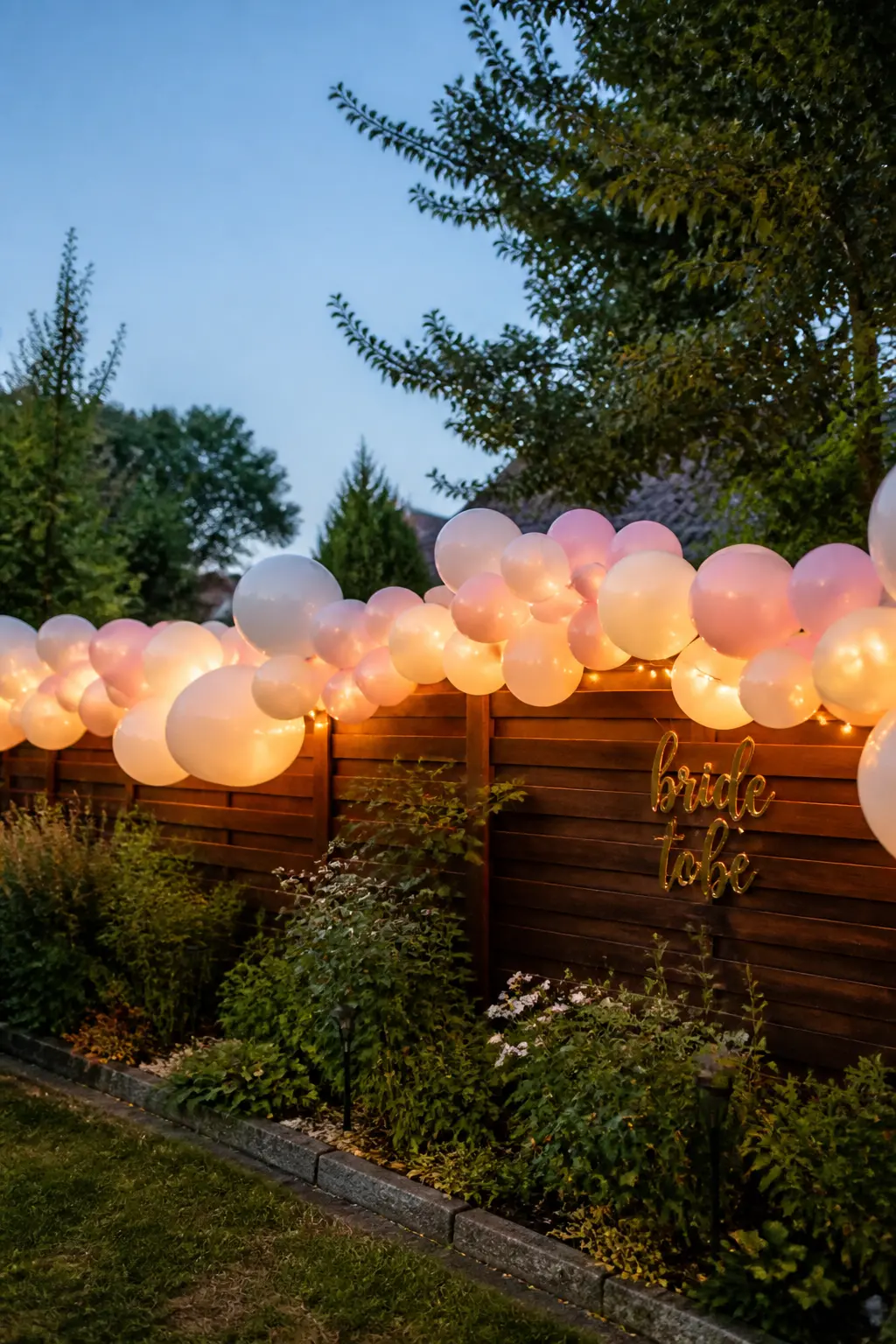 Cream and Blush Garland Along the Garden Fence with Fairy Lights — A cream and blush balloon garland runs along a horizontal garden fence, zip-tied to the top