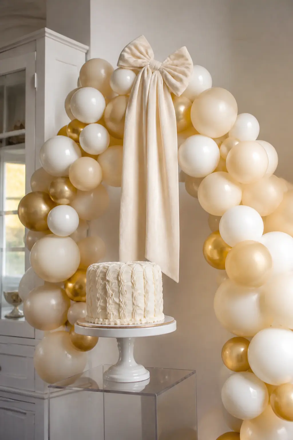 Cream and Gold Arch Behind the Cake with a Velvet Bow — A cream and gold arch curves behind a single cake on a pedestal stand. Bridal shower balloon arch