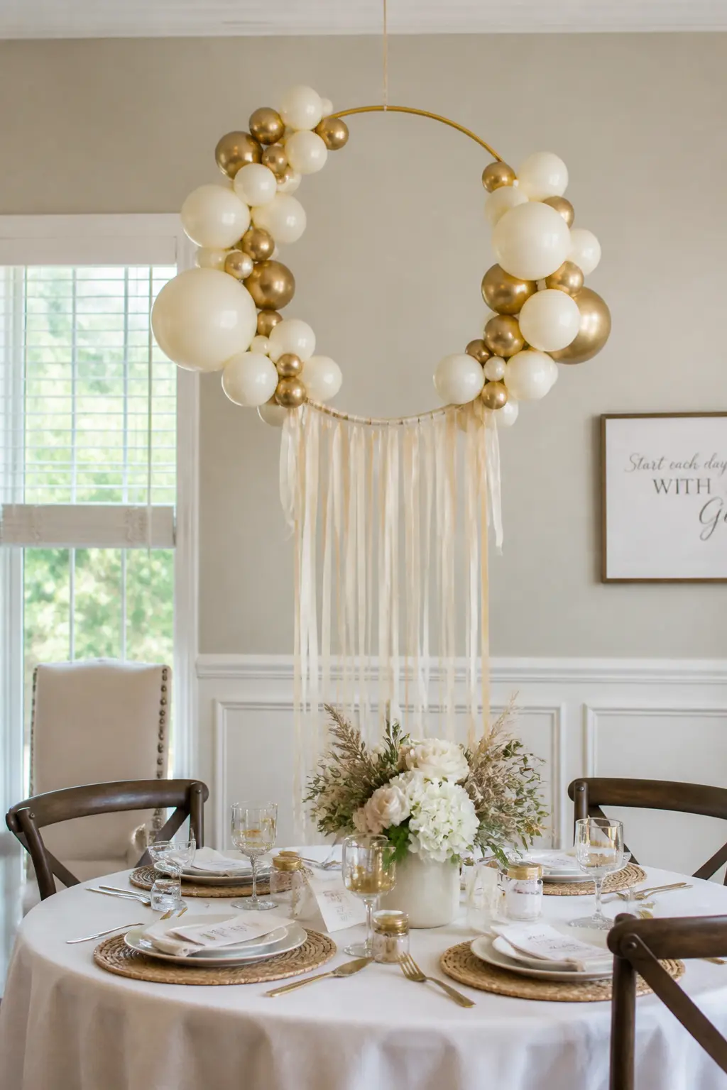 Cream and Gold Circle Above a Round Table with Trailing Ribbons — A balloon hoop in cream and gold hangs from the ceiling directly above the centre of a round