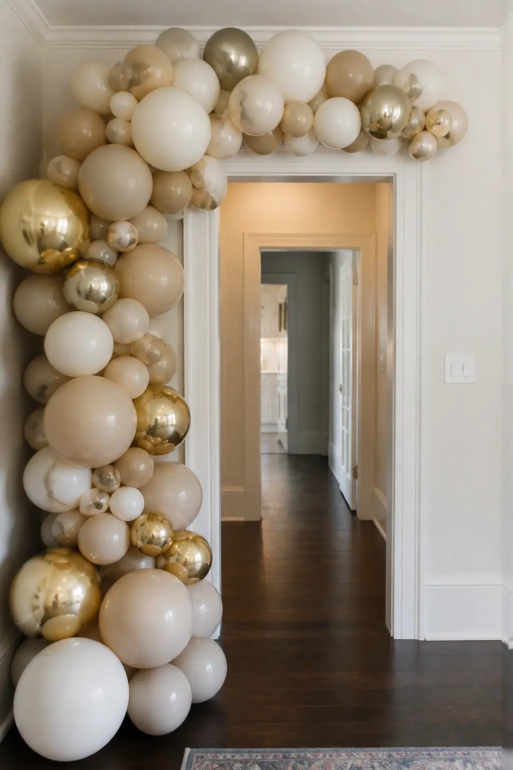 Cream, Sand and Gold Garland at the Arrival Doorway — Cream, sand and gold balloons are clustered asymmetrically, heavier on one side of the door frame and