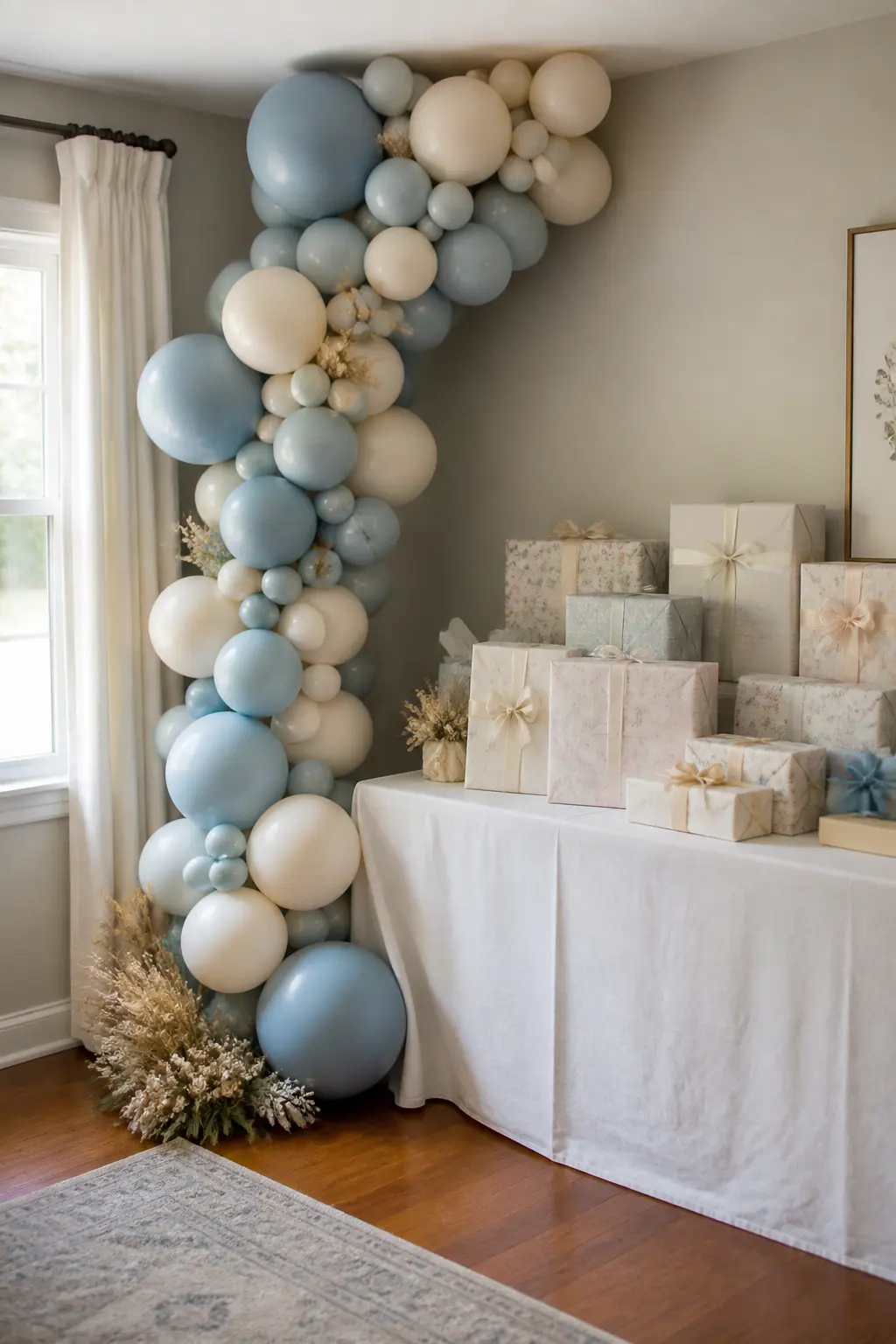 Dusty Blue and Cream Cascade by the Gift Table — Dusty blue and cream balloons pile from ceiling height down to the floor in a corner beside the gift table.
