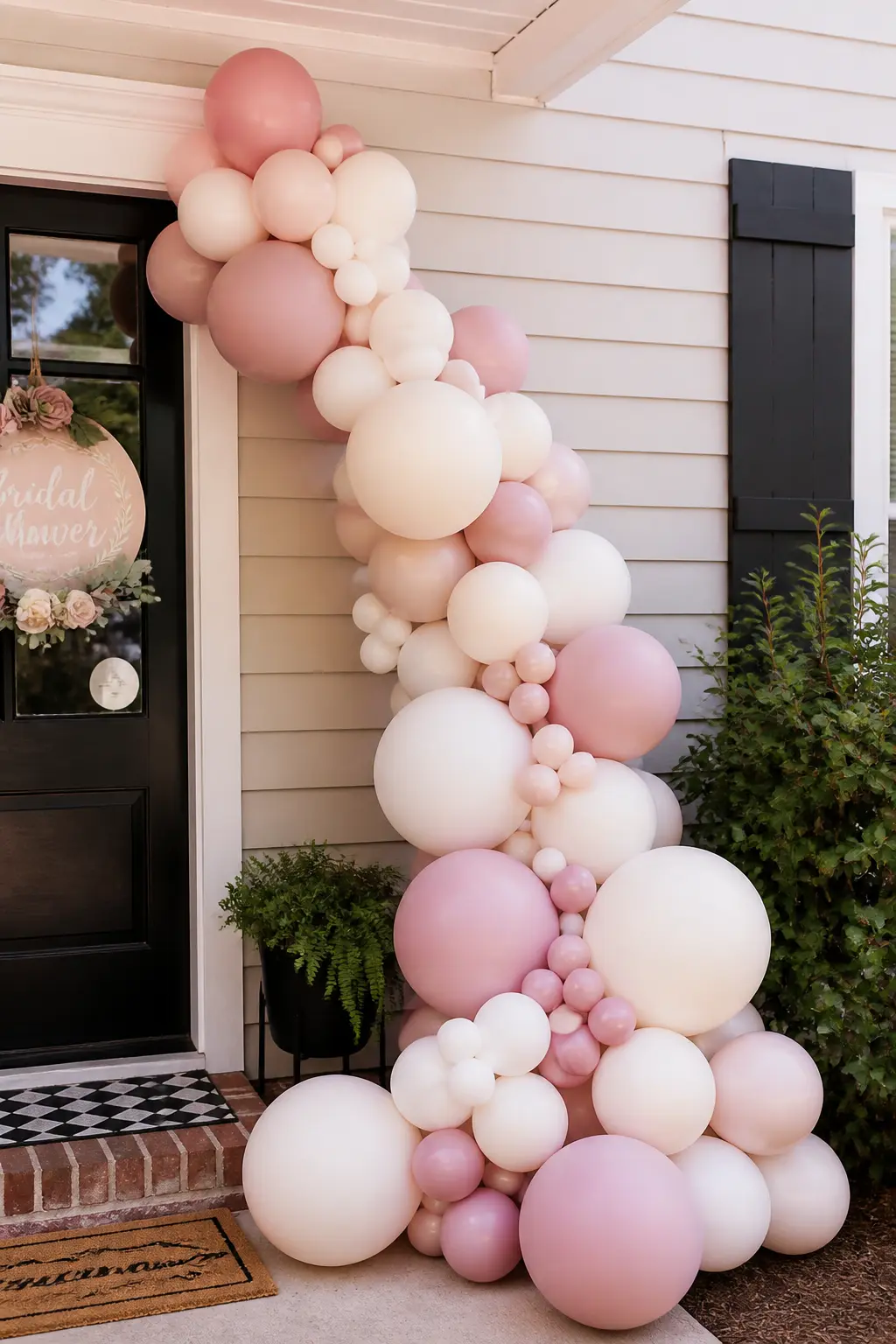 Dusty Pink and Cream Cascade Beside the Front Door — A balloon cascade in dusty pink and cream stands beside the front door on the outside, anchored by a