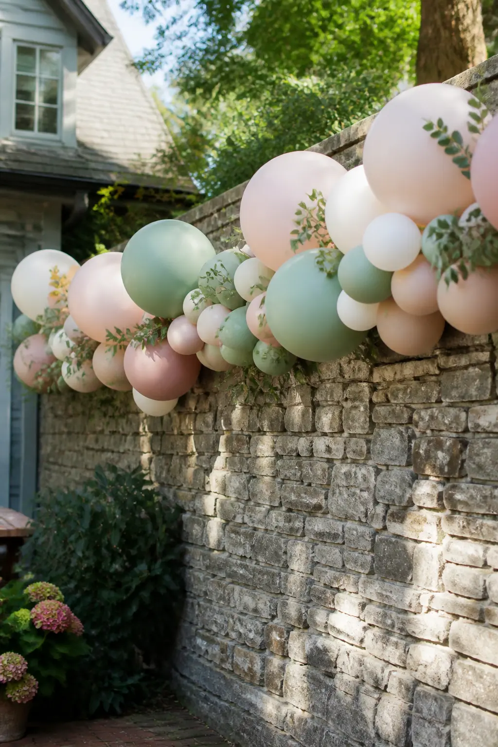 Sage, Blush and Cream Garland Along a Stone Wall — A sage, blush and cream garland is fixed along a garden stone wall at eye height using clear command hooks