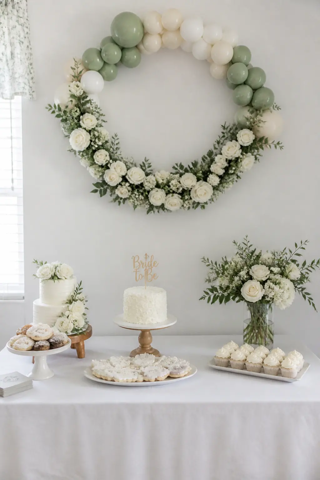 Sage and Cream Circle Above a Dessert Table with White Flowers — A sage and cream balloon hoop hangs from the ceiling above a dessert table, with white flowers