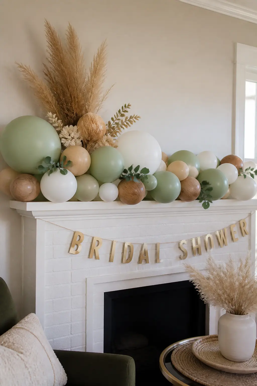 Sage, White and Wood-Tone Garland Along the Mantel — Sage green, white and wood-tone balloons run along the full length of a painted mantel, secured at both