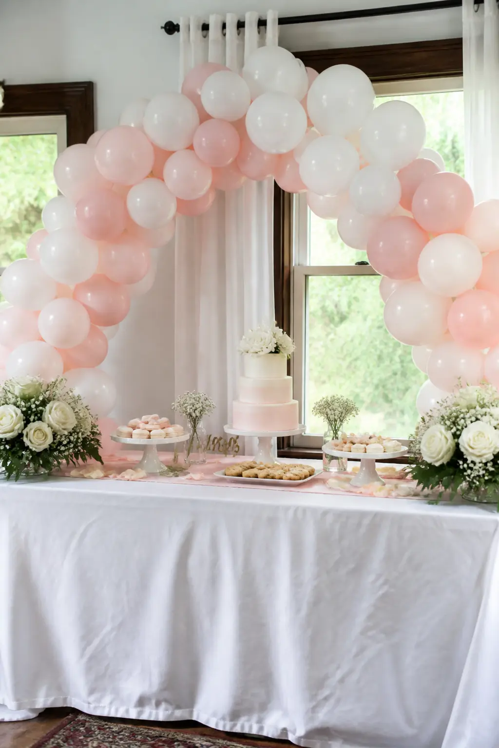 White and Blush Arch Behind the Dessert Table — White and blush balloons in three sizes cluster densely at both peaks of a classic arch shape, thinning toward