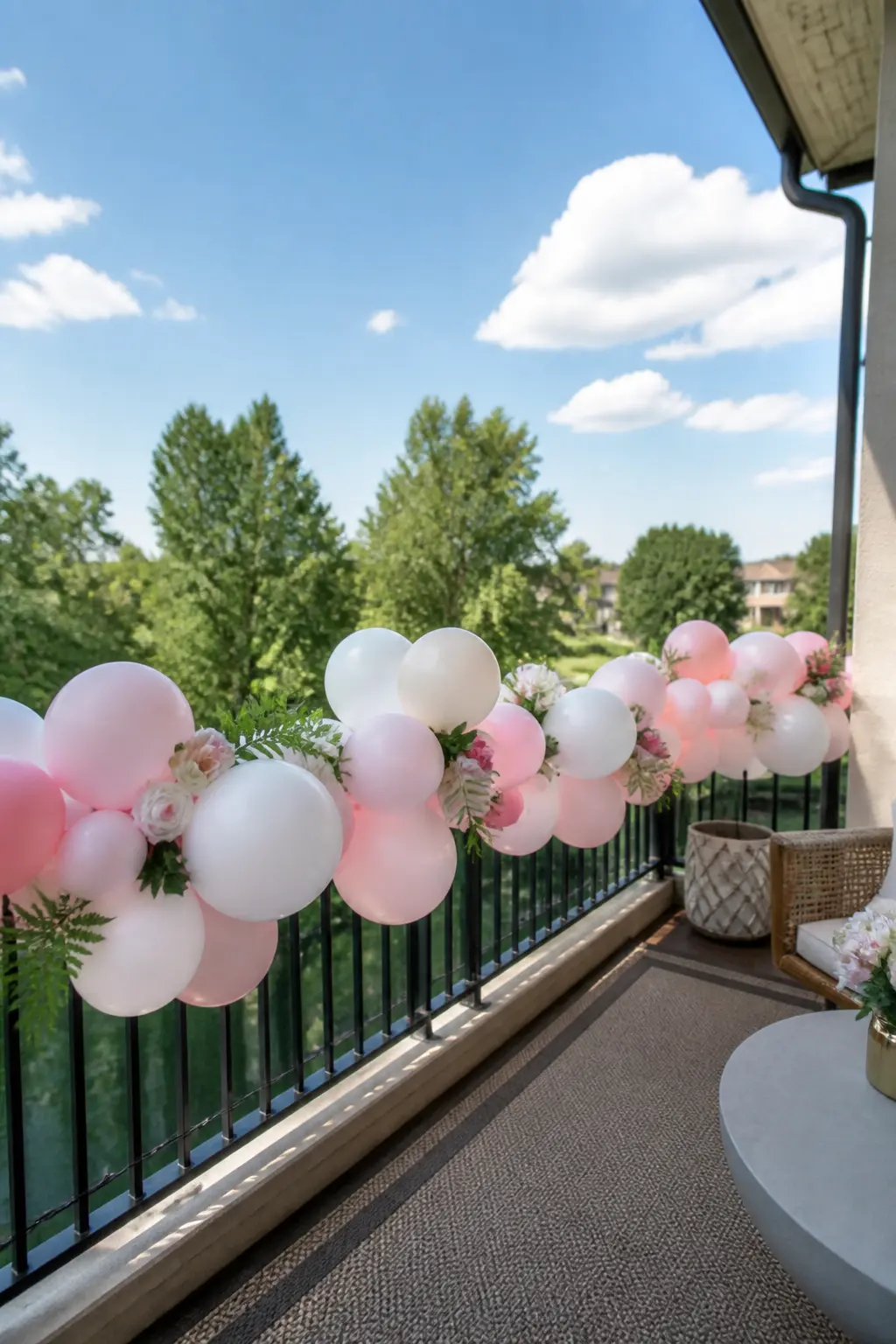 White and Blush Garland Along a Balcony Railing — A white and blush garland is zip-tied along the outside face of a balcony railing, running its full length.