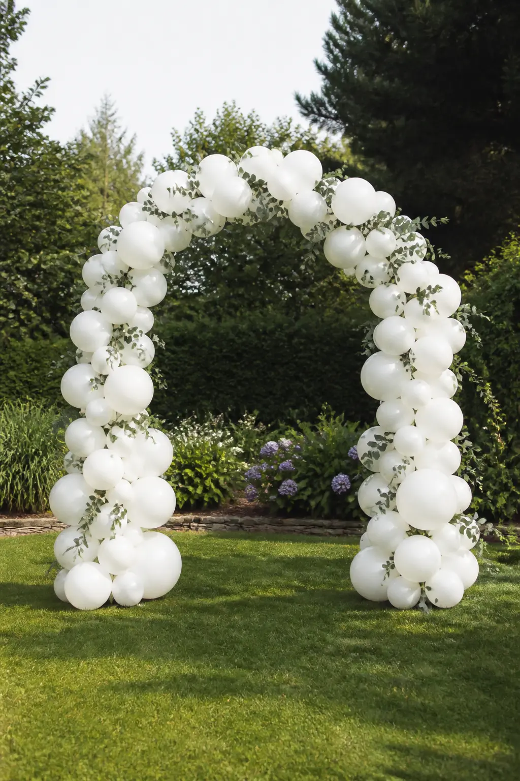 White and Eucalyptus Arch Over a Garden Ceremony-Style Spot — A full standing arch in white, built on a lightweight adjustable frame, stands in an open part of