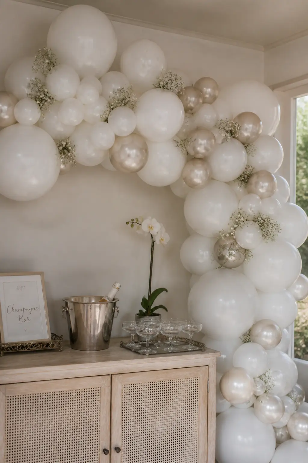 White and Pearl Arch Behind a Champagne Bar — An all-white arch with pearl-finish balloons scattered throughout stands behind a champagne bar set on a