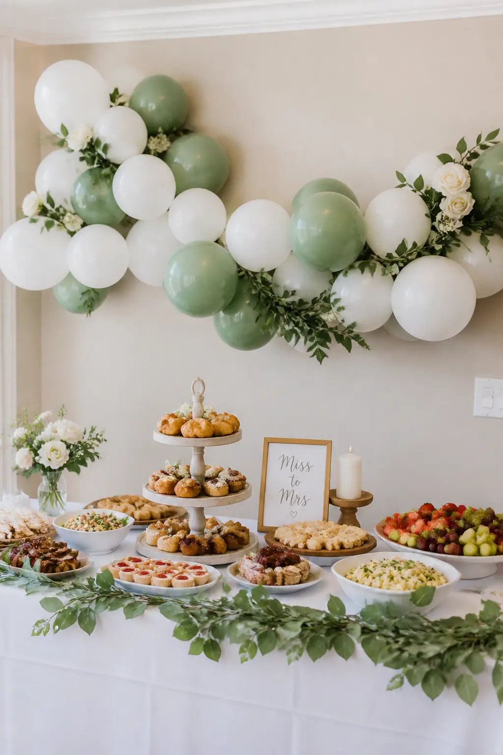 White and Sage Garland Behind a Brunch Table — A white and sage garland runs across the wall behind a brunch table, fixed at picture-rail height and draping