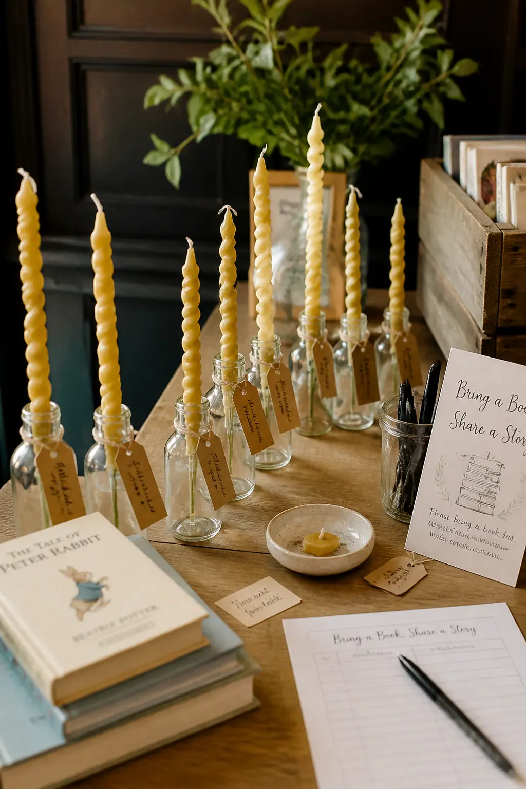 The Beeswax Taper in a Bottle — A single beeswax taper slipped into a small glass bottle or an empty wine bottle makes a favour that costs almost nothing and