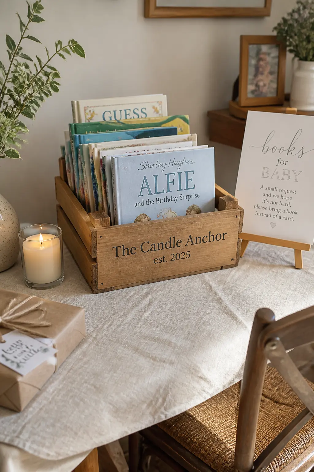 The Candle Anchor — One candle on the drop-off table, placed to the side of the crate so it does not block the opening, makes the corner feel inhabited from