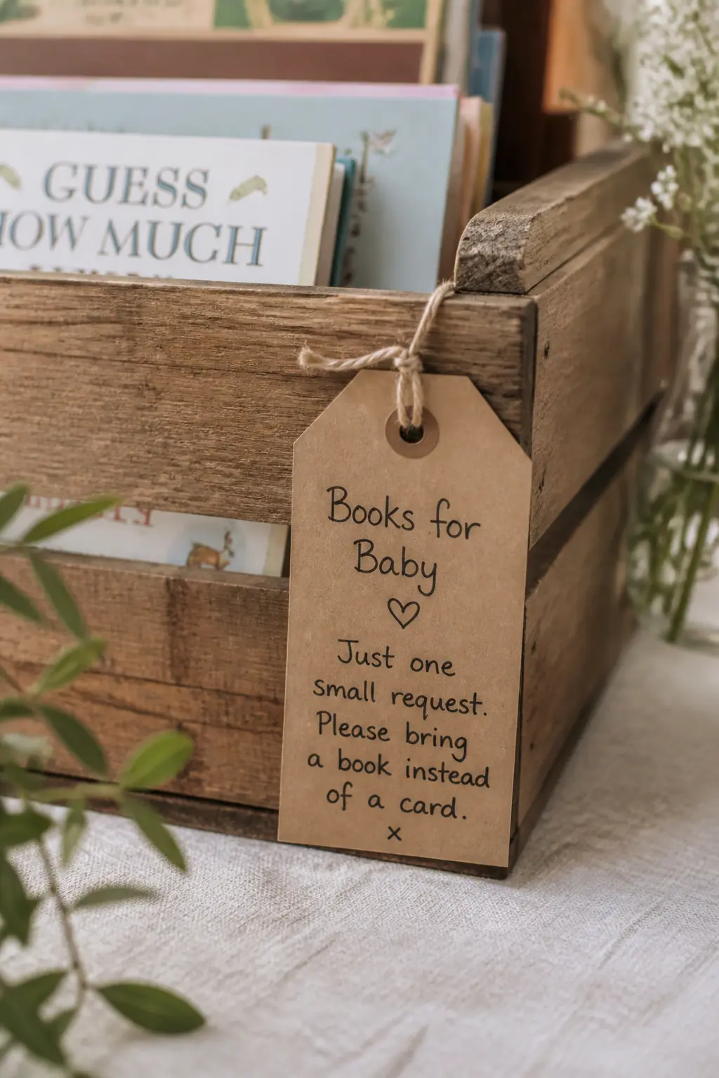 The Crate Label Tag — A kraft tag tied to the handle or slat of the crate with a piece of twine is the lowest-effort label that still reads as intentional.