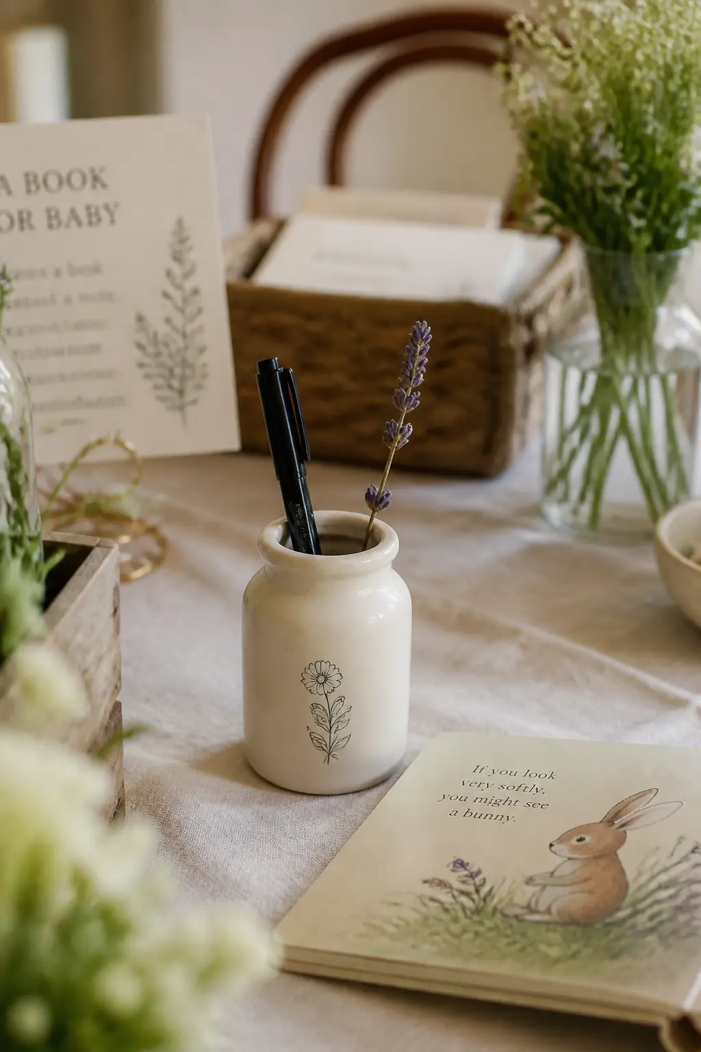 The Flower-Pen Jar — Add a small dried flower tucked alongside the pen in the signing jar and the whole object becomes worth pausing at. Bring a book baby