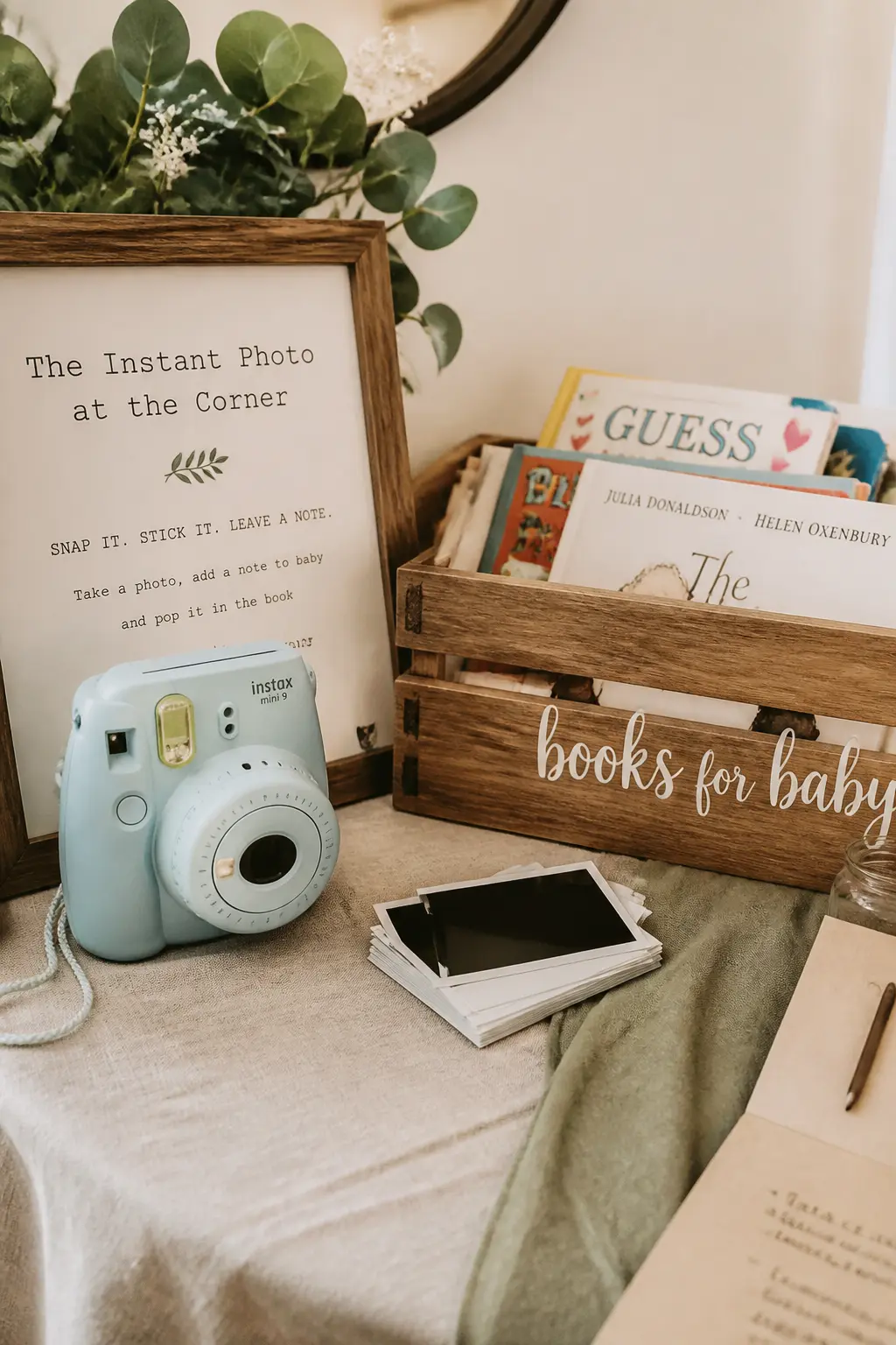 The Instant Photo at the Corner — An instant camera on the corner table lets guests take one photo of themselves with the book they brought, printed on the